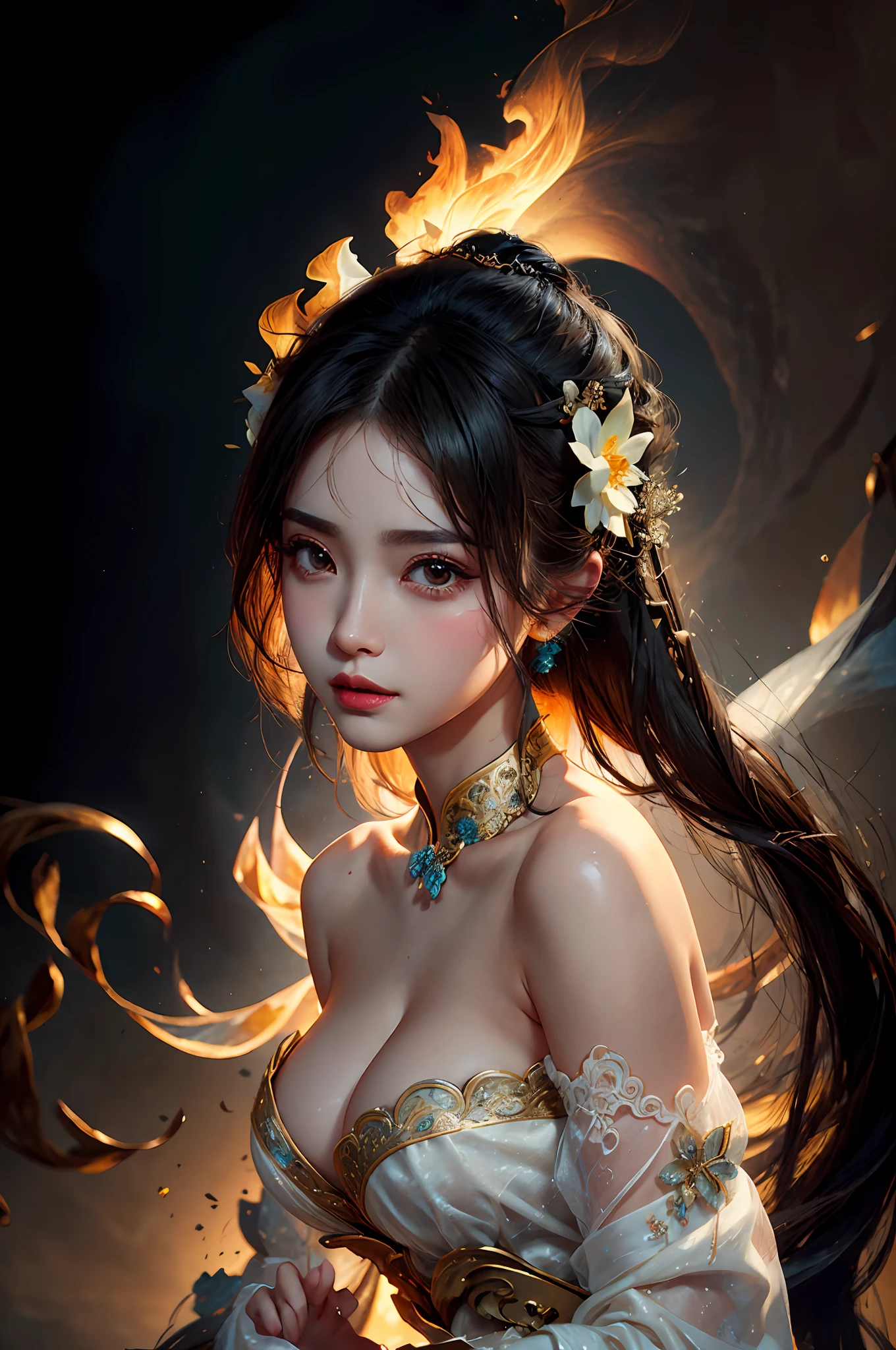 Zhong Fenghua, 1girll, (full bodyesbian) 独奏, Hanfu, flower field, blossom flower, (Black smoke:1.4) (realisticlying:1.5), datura, entangled, offcial art, Unity 8k壁纸, ultra - detailed, Beautiful and beautiful, tmasterpiece,best qualtiy, (dynamic angle:1.4), (Realistic:1.5),(Real human photos;1.5),(Bigboobs:1.5),(Liuhai hairstyle:1.5)(Shoulders exposed:1.5),Glowing skin, (Floating colorful flashes:1),The most beautiful forms of chaos,(ellegance:1.2),Fauvistdesign,vivd colour,Romanticism Depth of Field,