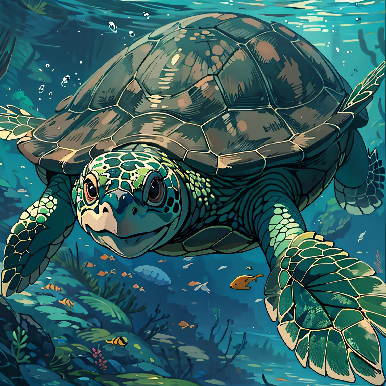 A turtle,Turtle,Under water, hyper HD, Masterpiece, High quality