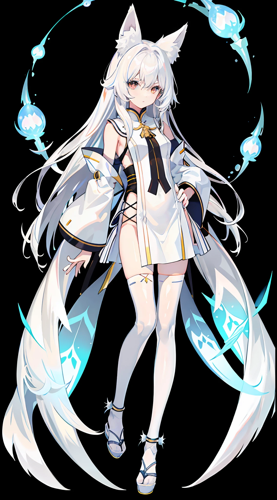 1girll, Full body like，White hair, long whitr hair，Messy hair，Translucent clothes，nsfw，White fox ears，White fox tail，比基尼，folds，folds，folds