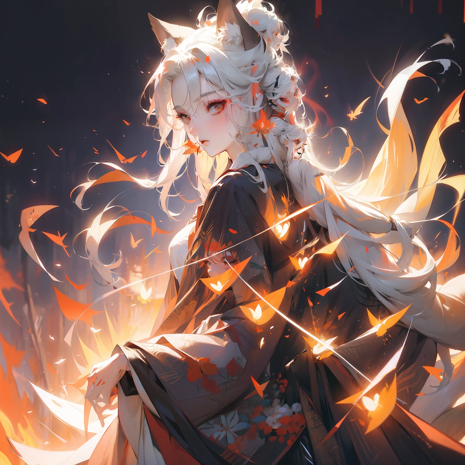 red fox,Kizi,There are fox ears on the head,White hair,Melon seed face,Femme and moving,She wears a long white dress,full bodyesbian,Dark forest,illustrious,k hd,realisticlying