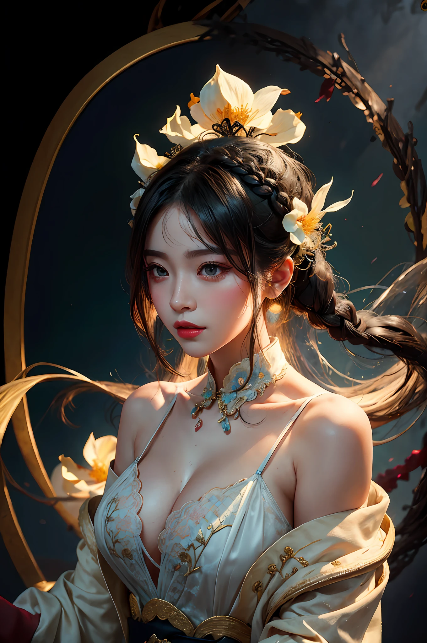 Zhong Fenghua, 1girll, (full bodyesbian) 独奏, Hanfu, flower field, blossom flower, (Black smoke:1.4) (realisticlying:1.5), datura, entangled, offcial art, Unity 8k壁纸, ultra - detailed, Beautiful and beautiful, tmasterpiece,best qualtiy, (dynamic angle:1.4), (Realistic:1.5),(Real human photos;1.5),(Bigboobs:1.5),(Liuhai hairstyle:1.5)(Shoulders exposed:1.5),Glowing skin, (Floating colorful flashes:1),The most beautiful forms of chaos,(ellegance:1.2),Fauvistdesign,vivd colour,Romanticism Depth of Field,