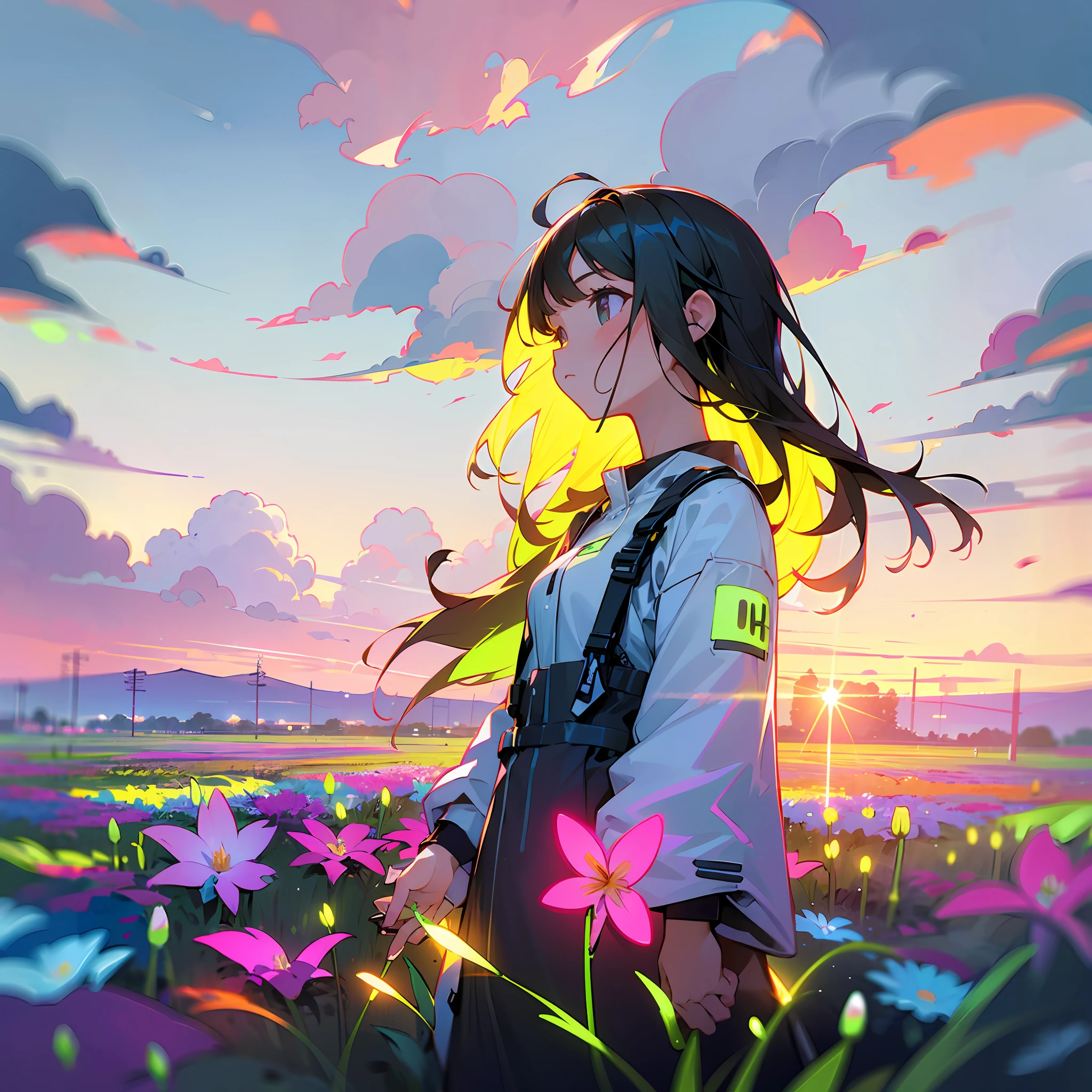 girl in field, (((field of neon flowers))), mid shot, portrait, clouds, sunrise