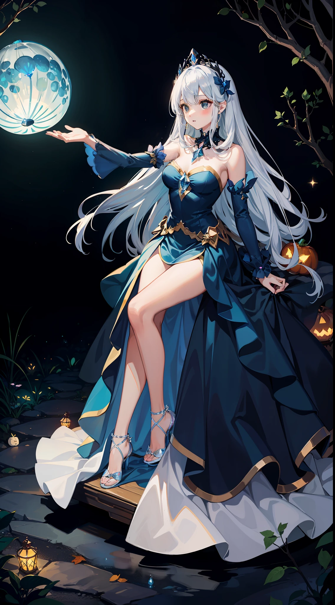 Pumpkin carriage,a fairy world,one-girl,Full body like,Cinderella,Long blue crystal dress,moonlight,Long steps,Crystal shoes,long white hair