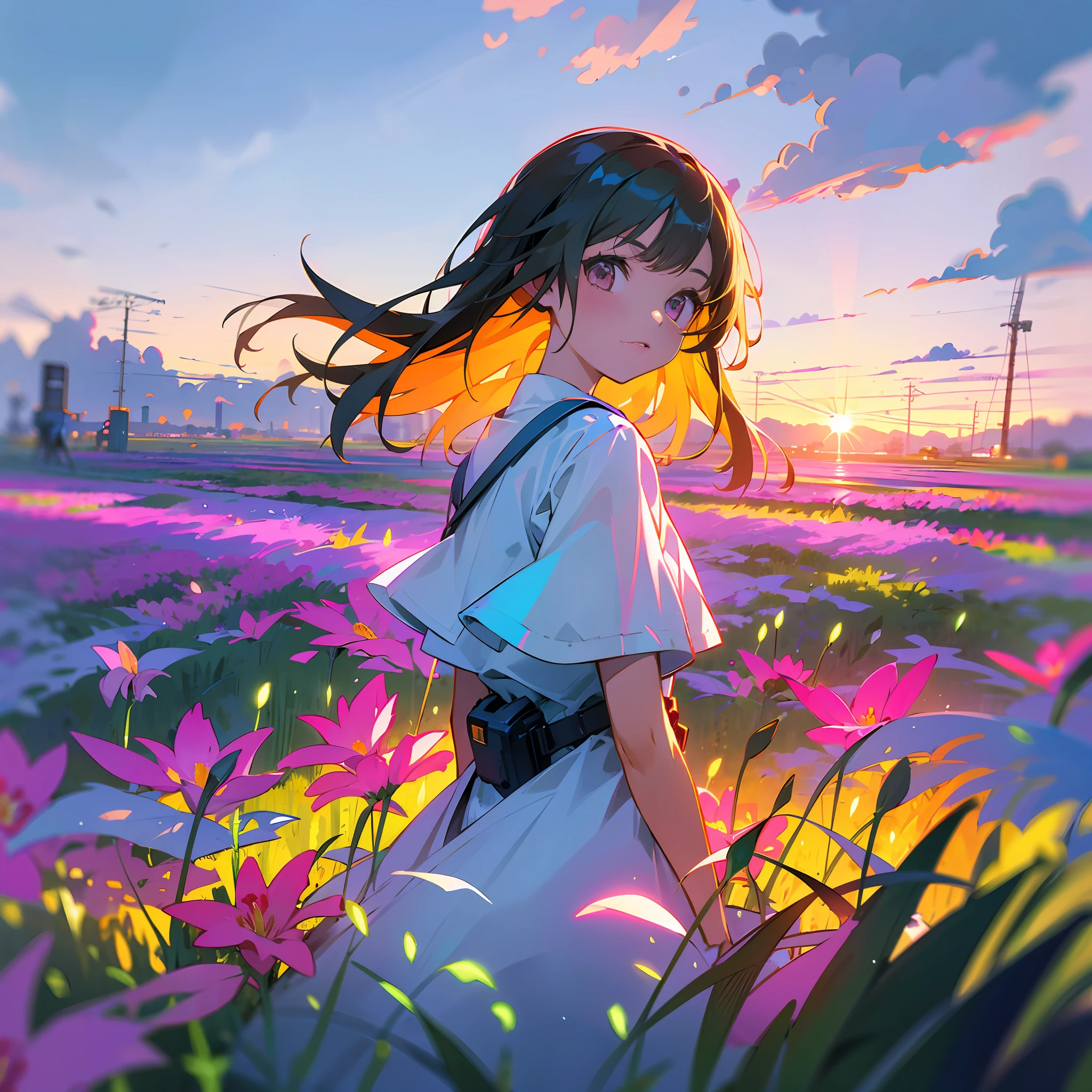 girl in field, (((field of neon flowers))), mid shot, portrait, clouds, sunrise