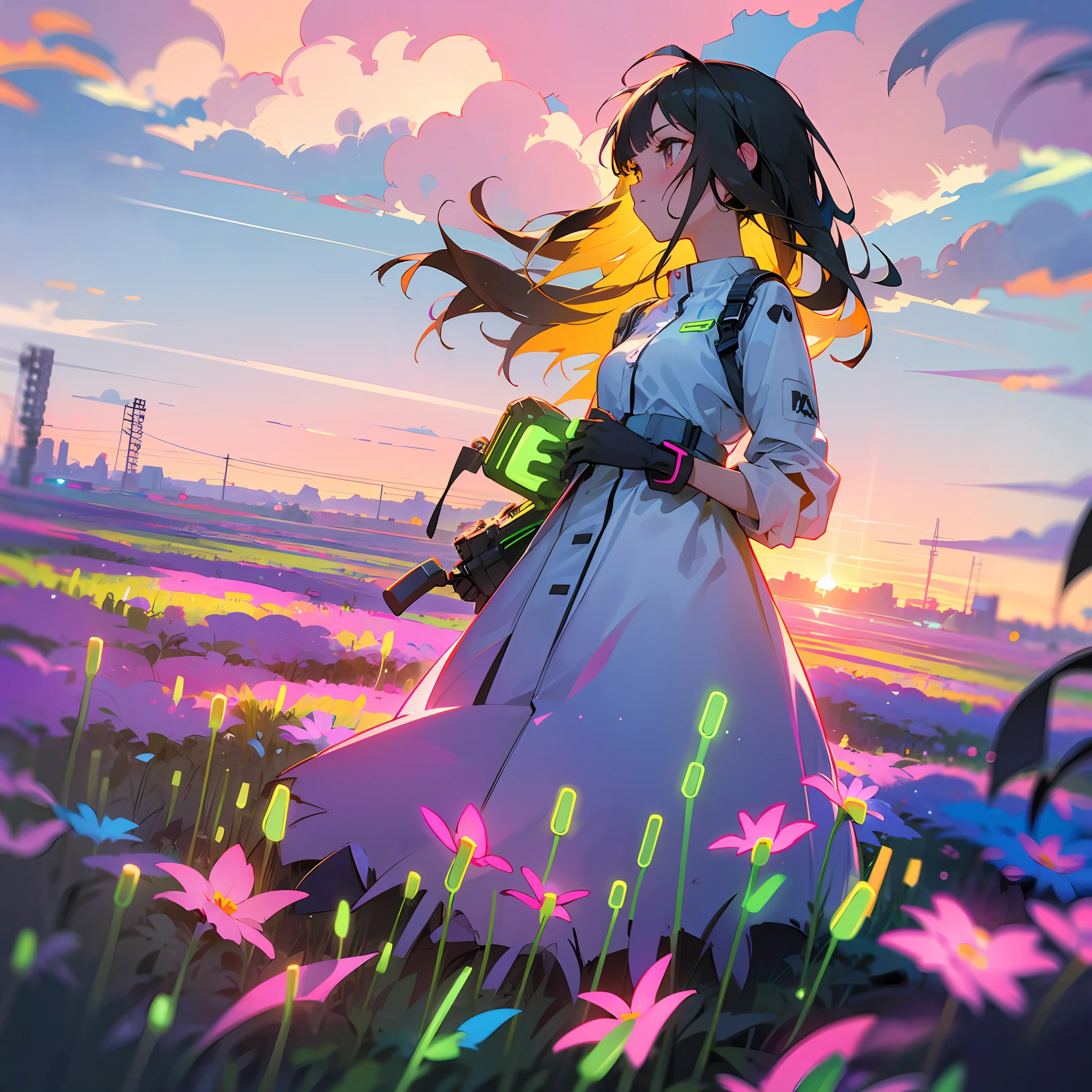 girl in field, (((field of neon flowers))), mid shot, portrait, clouds, sunrise