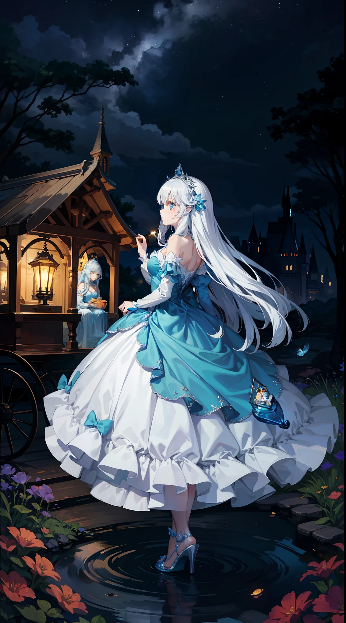 Pumpkin carriage,a fairy world,one-girl,Full body like,Cinderella,Long blue crystal dress,moonlight,Long steps,Crystal shoes,long white hair