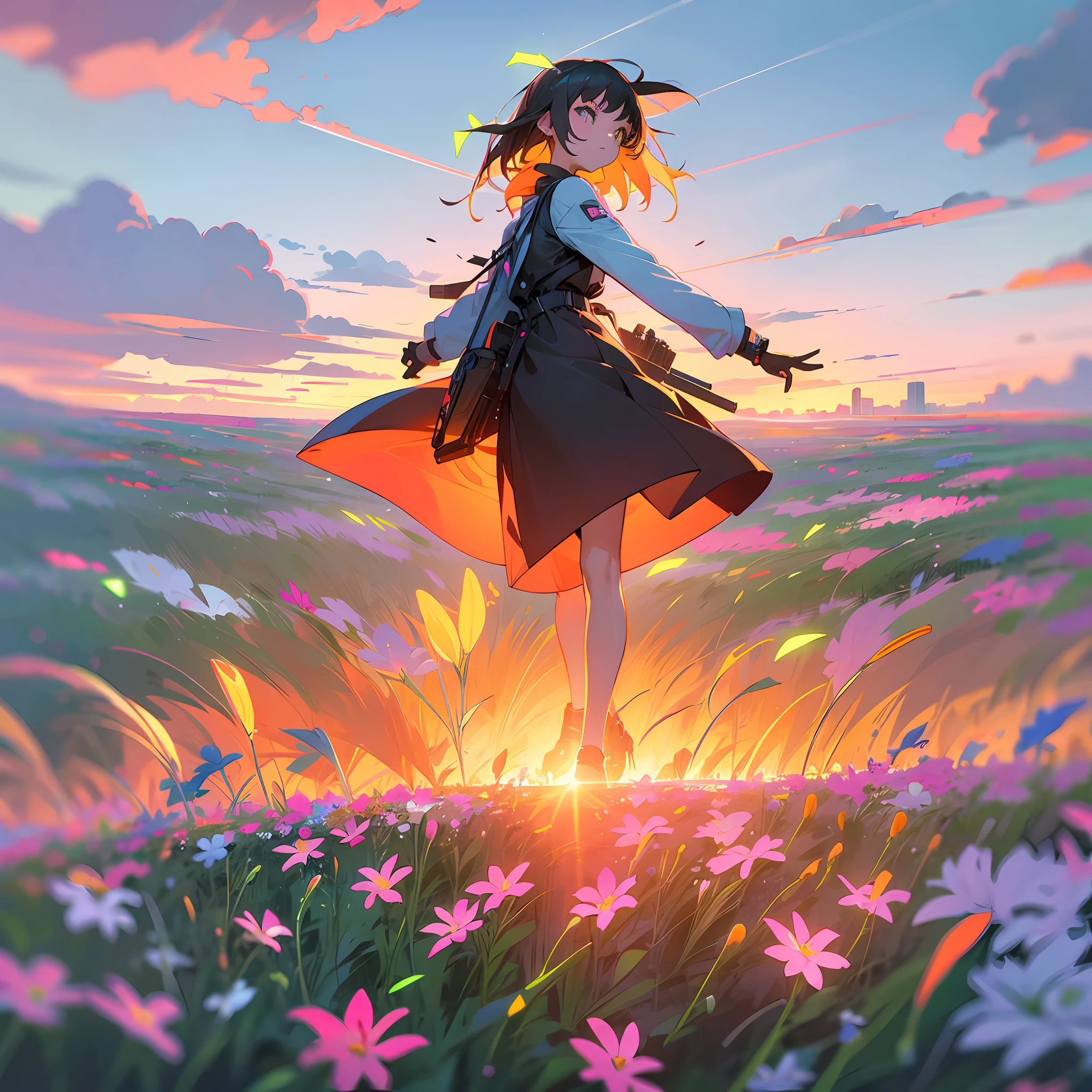 girl in field, (((field of neon flowers))), mid shot, portrait, clouds, sunrise