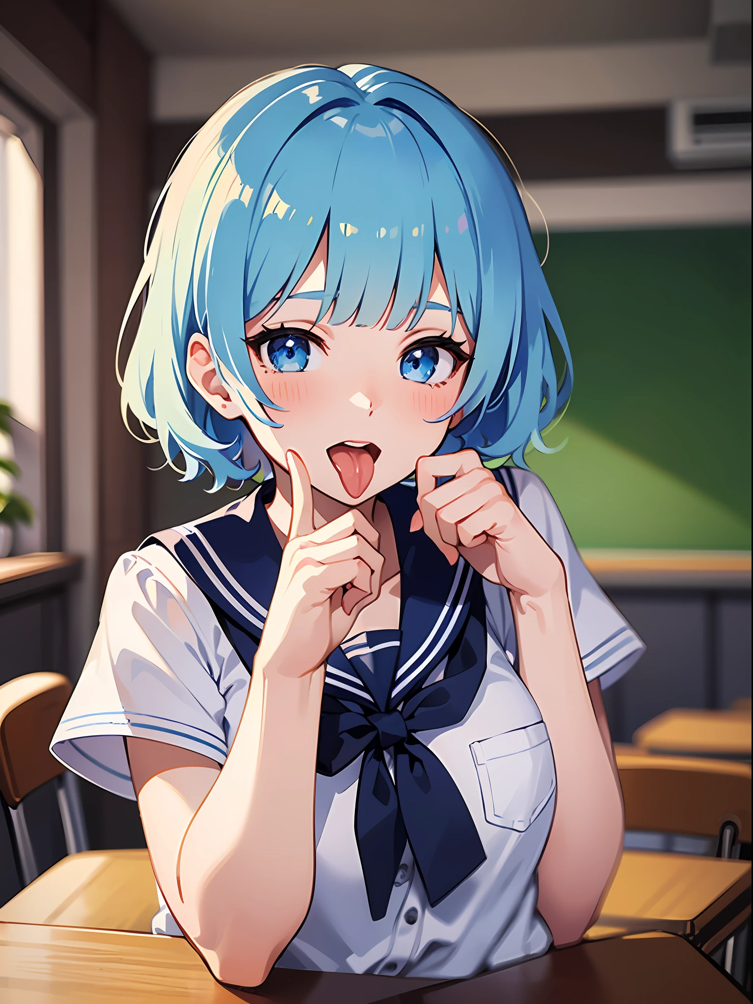 (masterpiece:1.3), (best quality:1.3), high resolution,
couboy shot,
leaning forward, body facing forward,
(one cute girl:1.3), solo,
white skin, small Breast, eight-headed person,
light blue hair, (bobbed hair:1.2), (short hair:1.2), (blunt bangs:1.2), beautiful hair, blue eyes, beautiful detailed eyes,
(tongue out:1.3), blush, open mouth, heart, cheerful smile,
school uniform, sailor suit,
indoors, classroom,
shadowlighting,