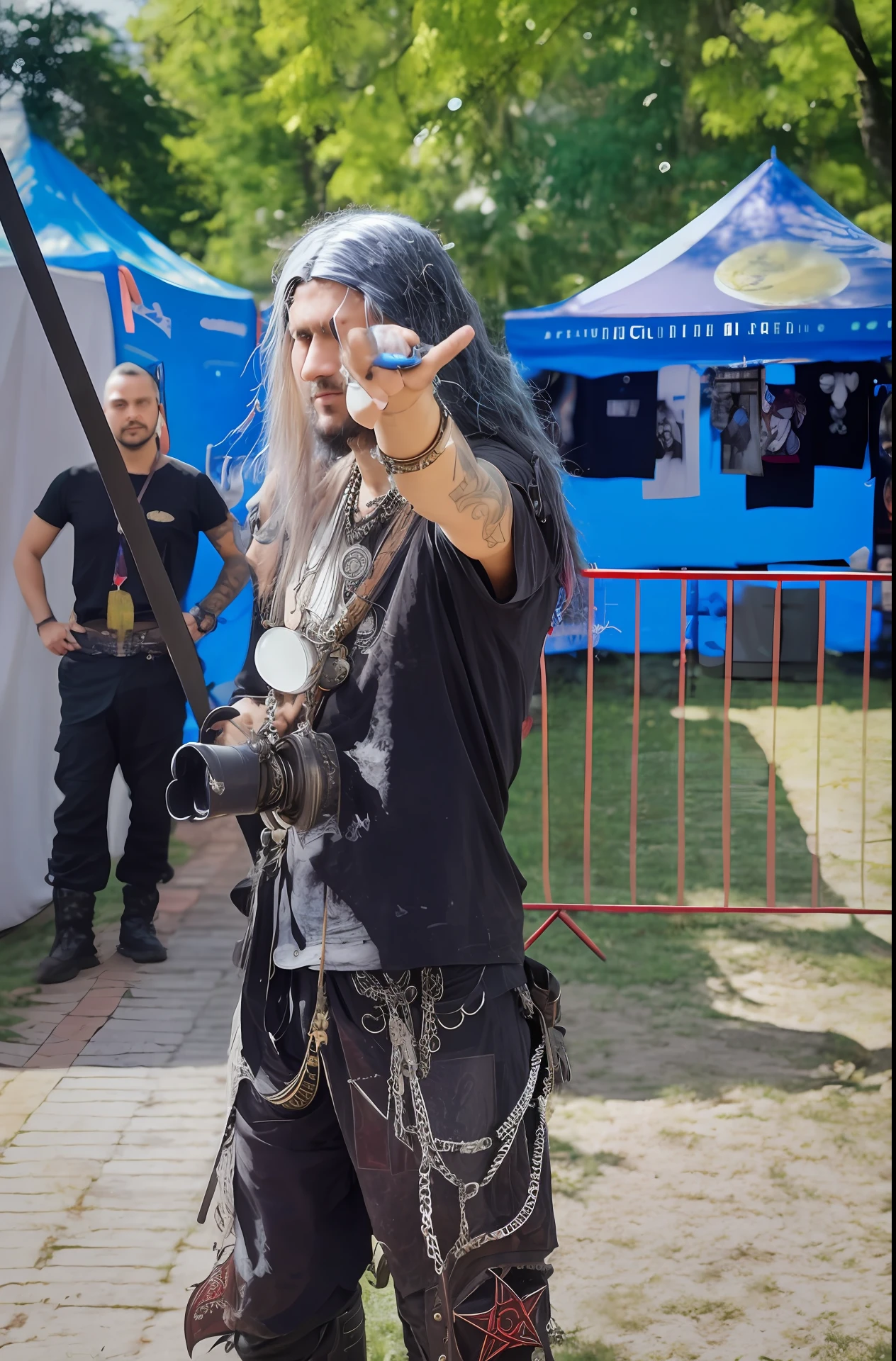 there is a man with a sword and a chain around his neck, photo documetalism, voidless of the festival!, psytrance and giger, deiv calviz, photograph taken in 2 0 2 0, looking towards the camera, very accurate photo, photo taken from far away, shamanpunk, taken in the early 2020s