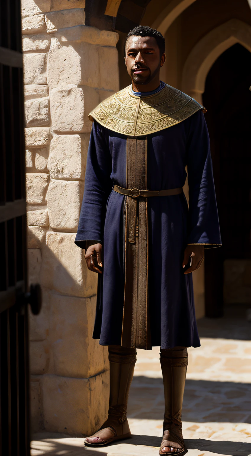 full body portrait of a blasian dark-skinned medieval fantasy 30 year-old man, almond-shaped eyes, hazel-colored eyes, short hair, traditional fantasy north african nice commoner's clothes, exotic, elaborate, colorful, in a medieval fantasy north african traditional town, (backlighting), realistic, masterpiece, highest quality, lens flare, shade, bloom, [[chromatic aberration]], by Jeremy Lipking, by Antonio J. Manzanedo, digital painting