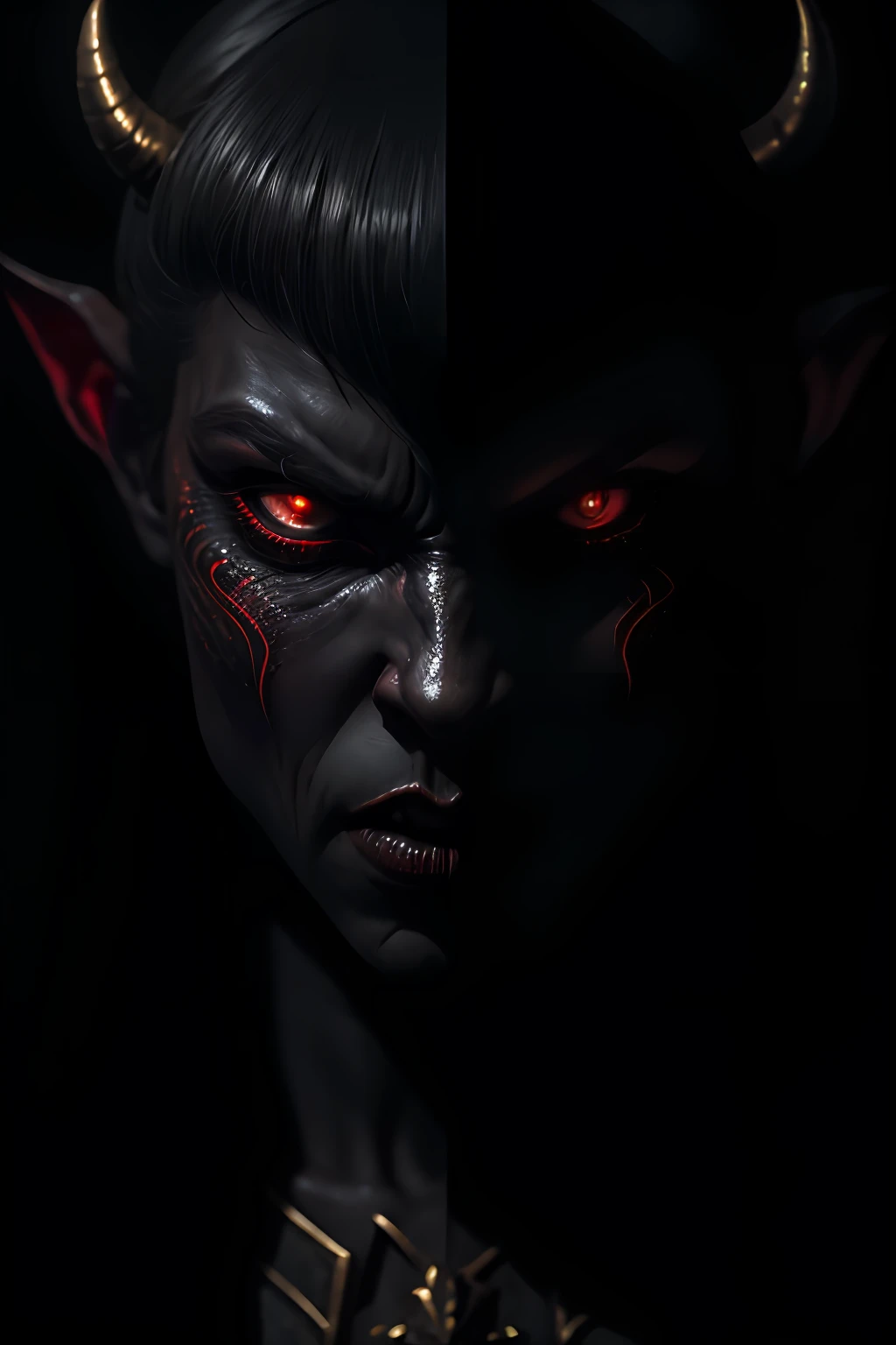 a closeup portrait of a demonic monster with black scales that invokes fear, d & d, fantasy setting, horror environment, morbid colors, dark lighting, atmospheric, cinematic, moody, in the style of diego koi, gina heyer, luiz escanuela, art by alyssa monk, depth, hyperrealism, rule of thirds, golden ratio, oil on canvas, 8k