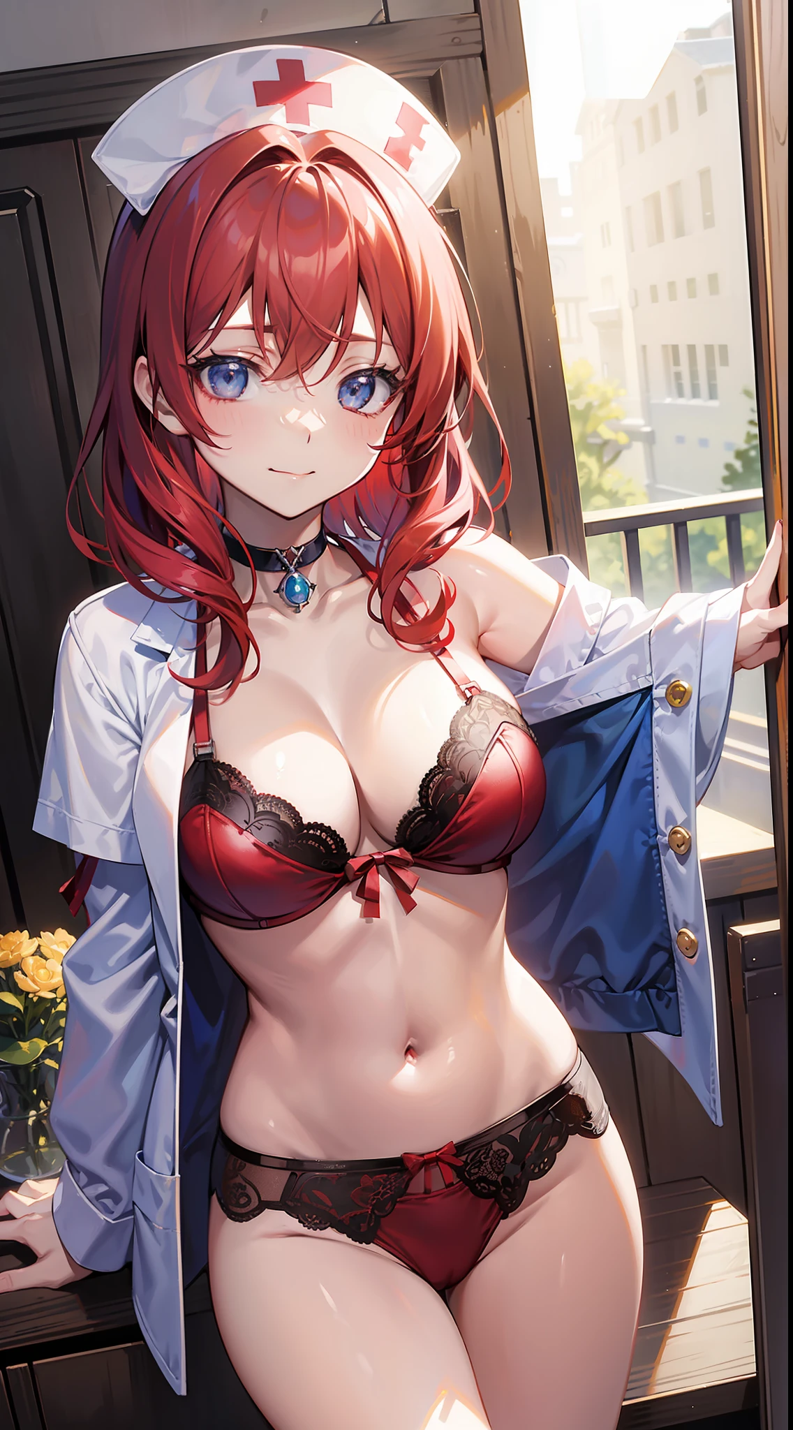 masutepiece、Pedras preciosas、Nurse、in one's underwear only、Red lingerie、sensually、Model body type、Cute anime illustration、Angel Smile、