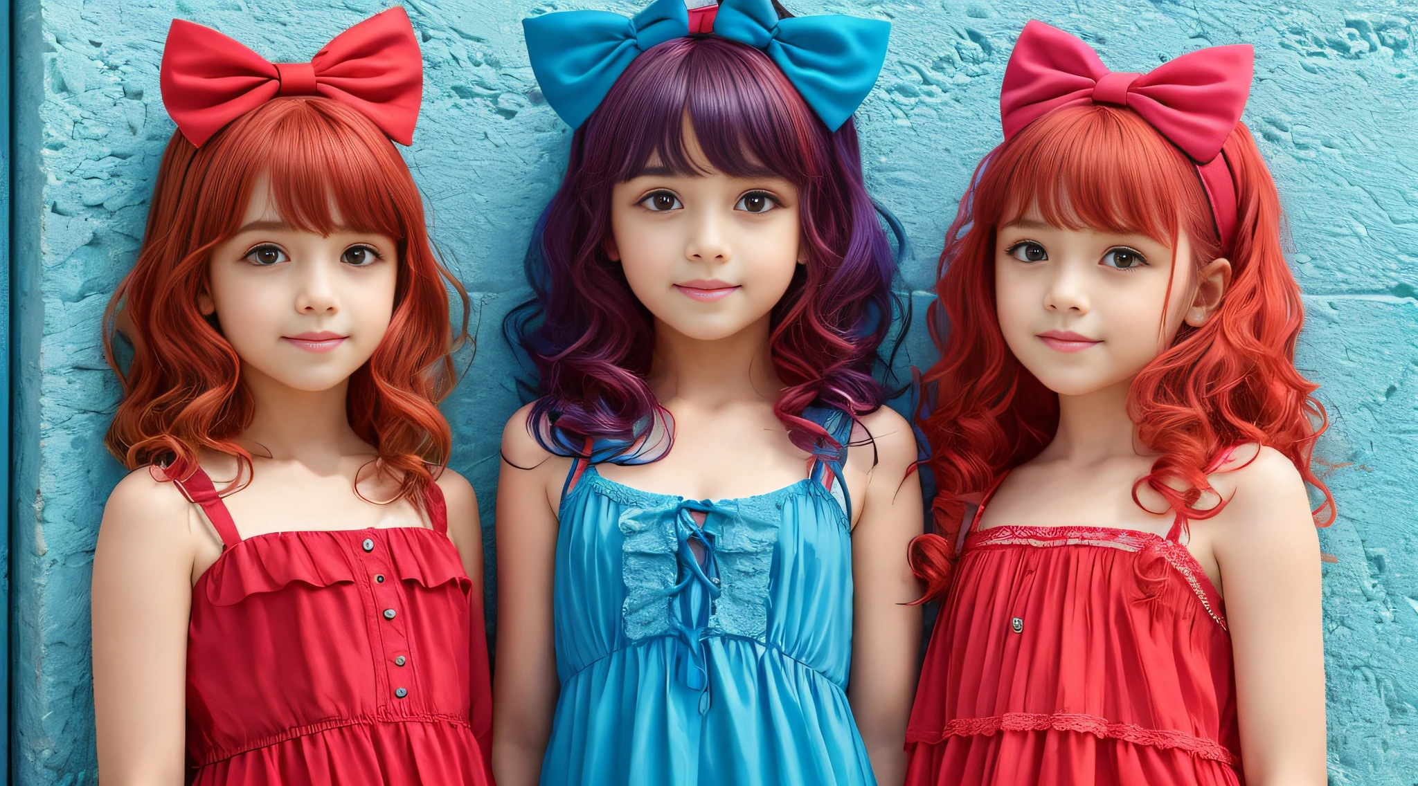Three KIDS girls with red hair and blue bows stand in front of a wall, Perfect Android girl family, do cabelo vermelho, cabelos azuis e ruivos, Deusa dos cabelos ruivos, peruca vermelha, meninabelos vermelhos, azul ou vermelho, Filhotes vermelhos, Directed by: Bernardino Maio, vermelho e azul, azul e vermelho, cores azuis com detalhes em vermelho, tema azul vermelho