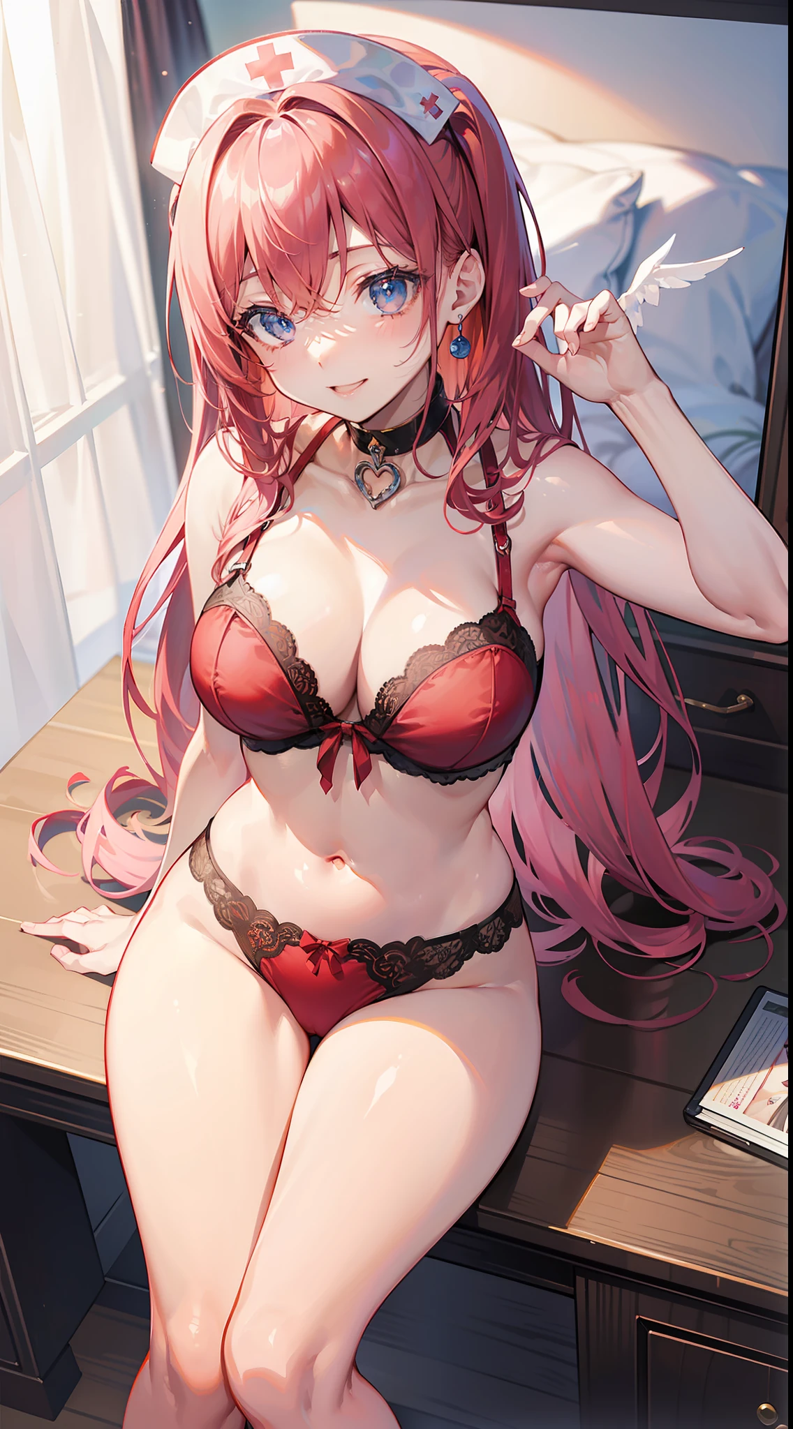 masutepiece、Pedras preciosas、Nurse、in one's underwear only、Red lingerie、sensually、Model body type、Cute anime illustration、Angel Smile、