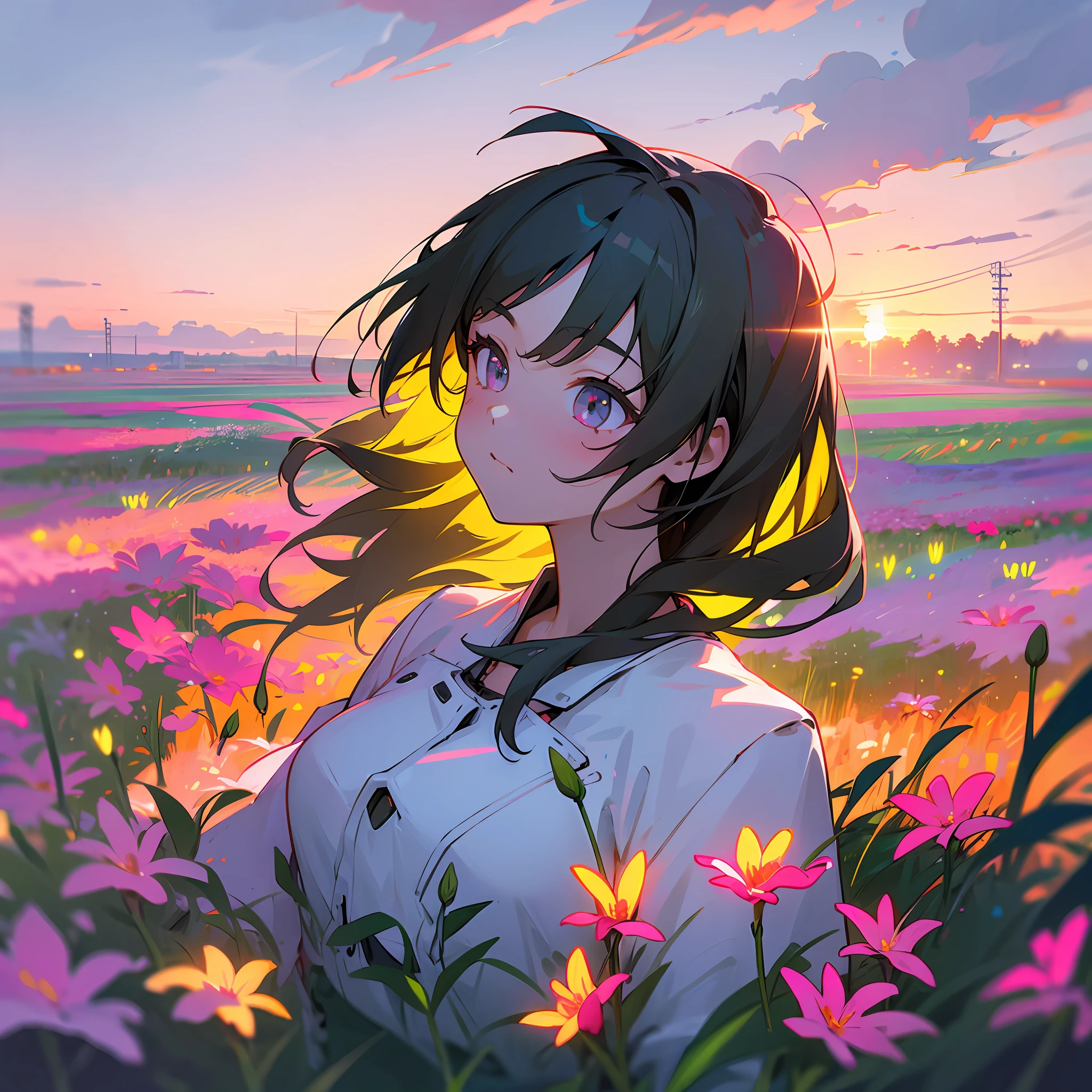girl in field, (((field of neon flowers))), mid shot, portrait, clouds, sunrise