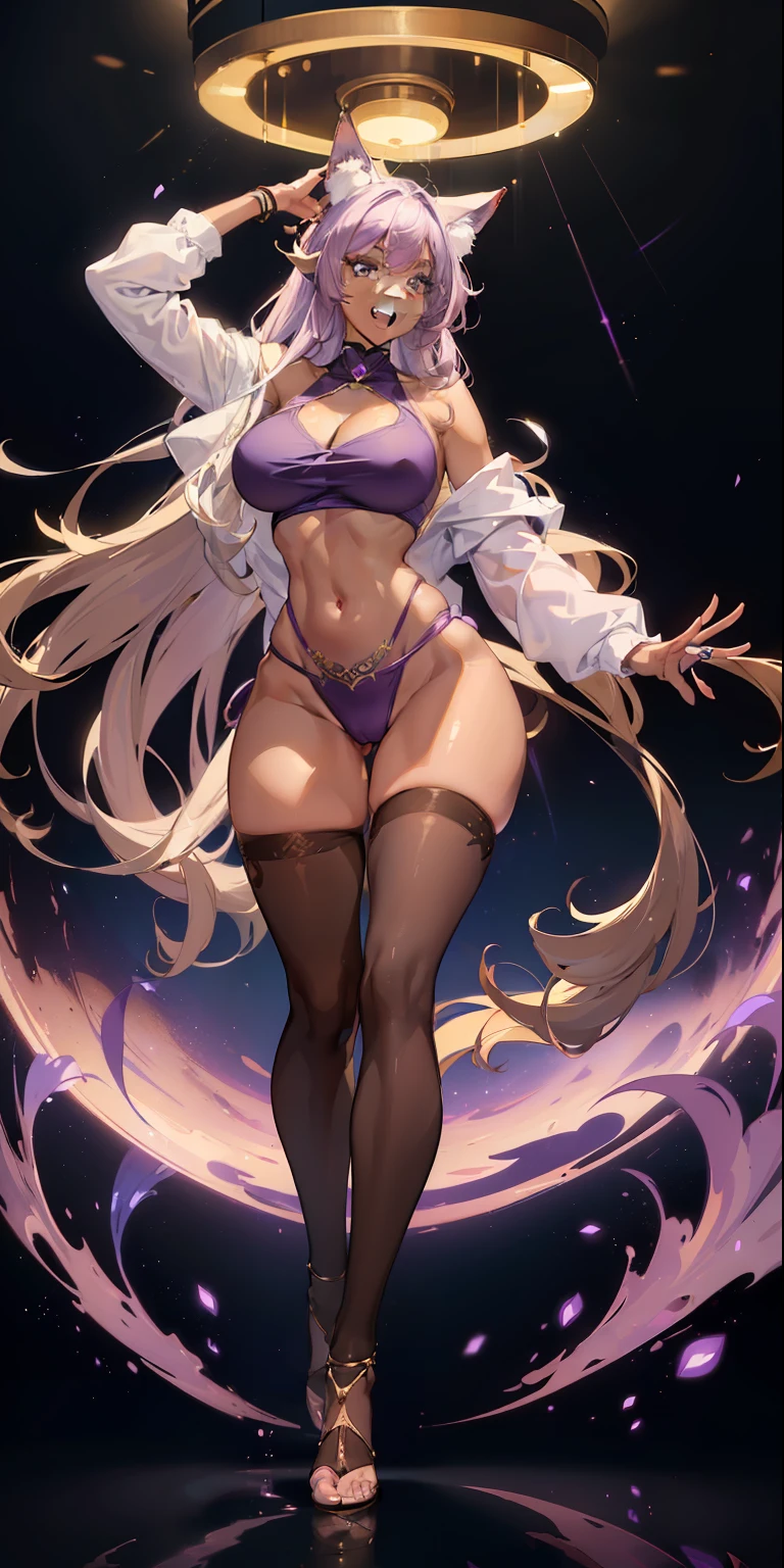 ((masterpiece)), ((best quality)), ((anime profile style)), ((HD 4k)), ((brown skin)), ((perfect anatomy)), ((older woman )), woman, ((female face)), Happy, ((smiling, open mouth)), ((light lilac eyes)), Eyelid, Sclera, Iris, eyebrow, eyelashes, fox ear, nose, ((hair giant lilac)), ((fringe)), ((hair details)), ((light effects on hair)), ((Large Drop Shoulder Sweatshirt)), ((tights)), ((lights effect on clothes)), ((body lights effect)), neck, Shoulders, ((big chest)), (thin waist), ((perfect tummy)), arms, ((thick legs)), ((big thigh )), ((background)), ((lighting))