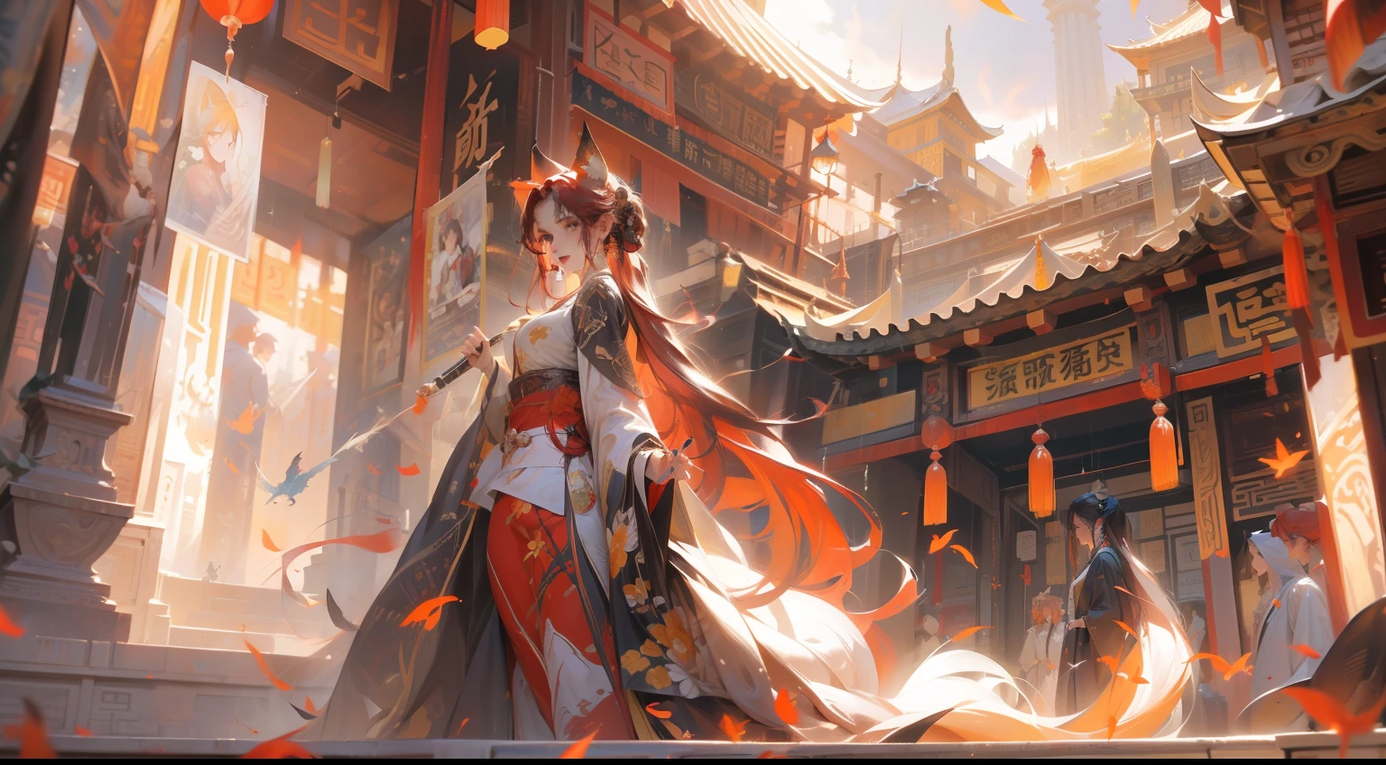 woman，knight-errant，a beauty girl，red tinted hair，Red tail, fox tails, fox ear, Clear big eyes,Background of ancient Chinese architecture ，large scene，wide angles, photography of, Ultra photo realsisim, macro photograph, Award-Awarded, Cinematic lighting, Atmospheric perspective, 8K, Super detail, ccurate, Best quality, Textured skin, High details