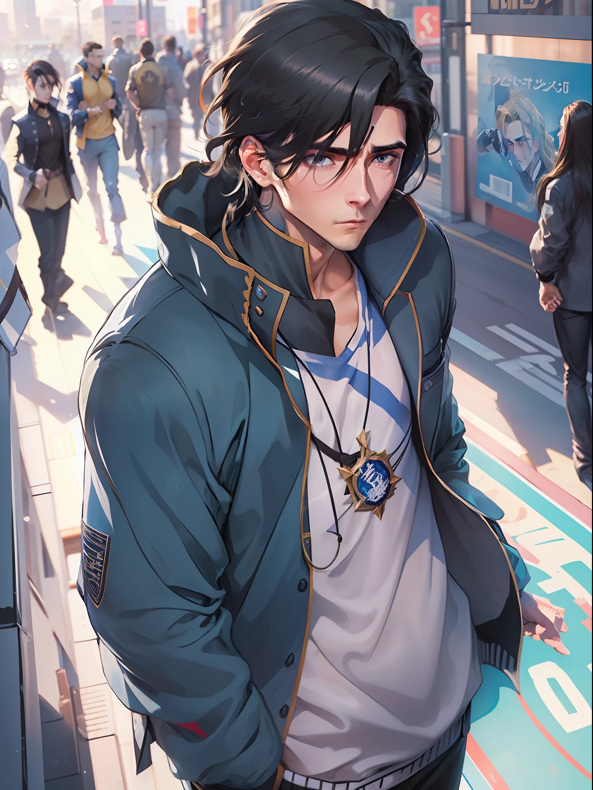 ultra detail,haigh quality,sketch,1boy,mature male,beautiful face,(black center parting hair:1.3),handsome male,pearl skin,black T shirts,drooping eyes,city street,dynamic angle,blue stadium jacket,japan anime