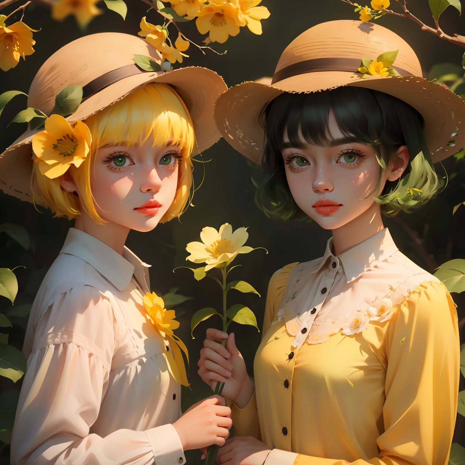 multiple girls, 2girls, flower, bangs, hat, branch, shirt, white shirt, upper body, leaf, yellow background, long sleeves, yellow flower, short hair, green hair,