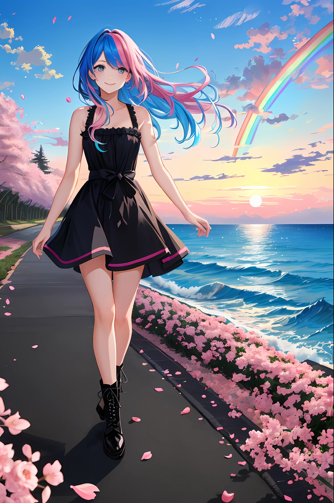 art noveau style,(masterpiece, best quality, ultra-detailed, high-res),perfect face,solo,1girl,(full body),(rainbow color Hair,colorful hair,half blue and half pink hair:1.4),a girl in a dress and boots is walking across a rainbow - colored field with a rainbow - colored sky behind her, Chizuko Yoshida, official art, a detailed painting, color field,petals, petals_on_liquid, falling_petals, rose_petals,cherry_blossoms, cloud, water, sky, solo, smile, blue_hair, ripples, blue_eyes, looking_at_viewer, twilight, flower, black_footwear, leaves_in_wind, sunset, boots, wind, ocean, outdoors, long_hair