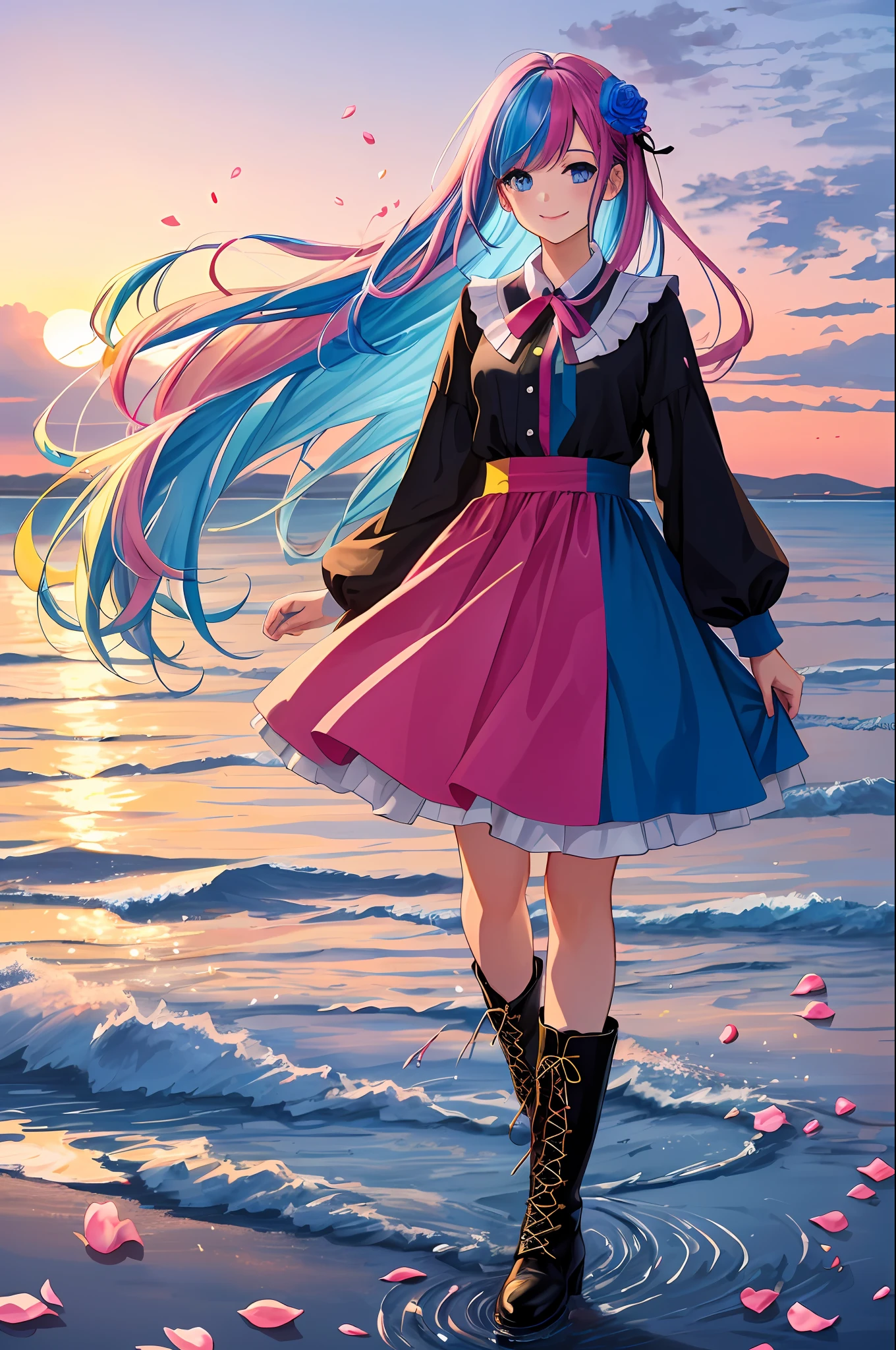 art noveau style,(masterpiece, best quality, ultra-detailed, high-res),perfect face,solo,1girl,(full body),(rainbow color Hair,colorful hair,half blue and half pink hair:1.4),a girl in a dress and boots is walking across a rainbow - colored field with a rainbow - colored sky behind her, Chizuko Yoshida, official art, a detailed painting, color field,petals, petals_on_liquid, falling_petals, rose_petals,cherry_blossoms, cloud, water, sky, solo, smile, blue_hair, ripples, blue_eyes, looking_at_viewer, twilight, flower, black_footwear, leaves_in_wind, sunset, boots, wind, ocean, outdoors, long_hair