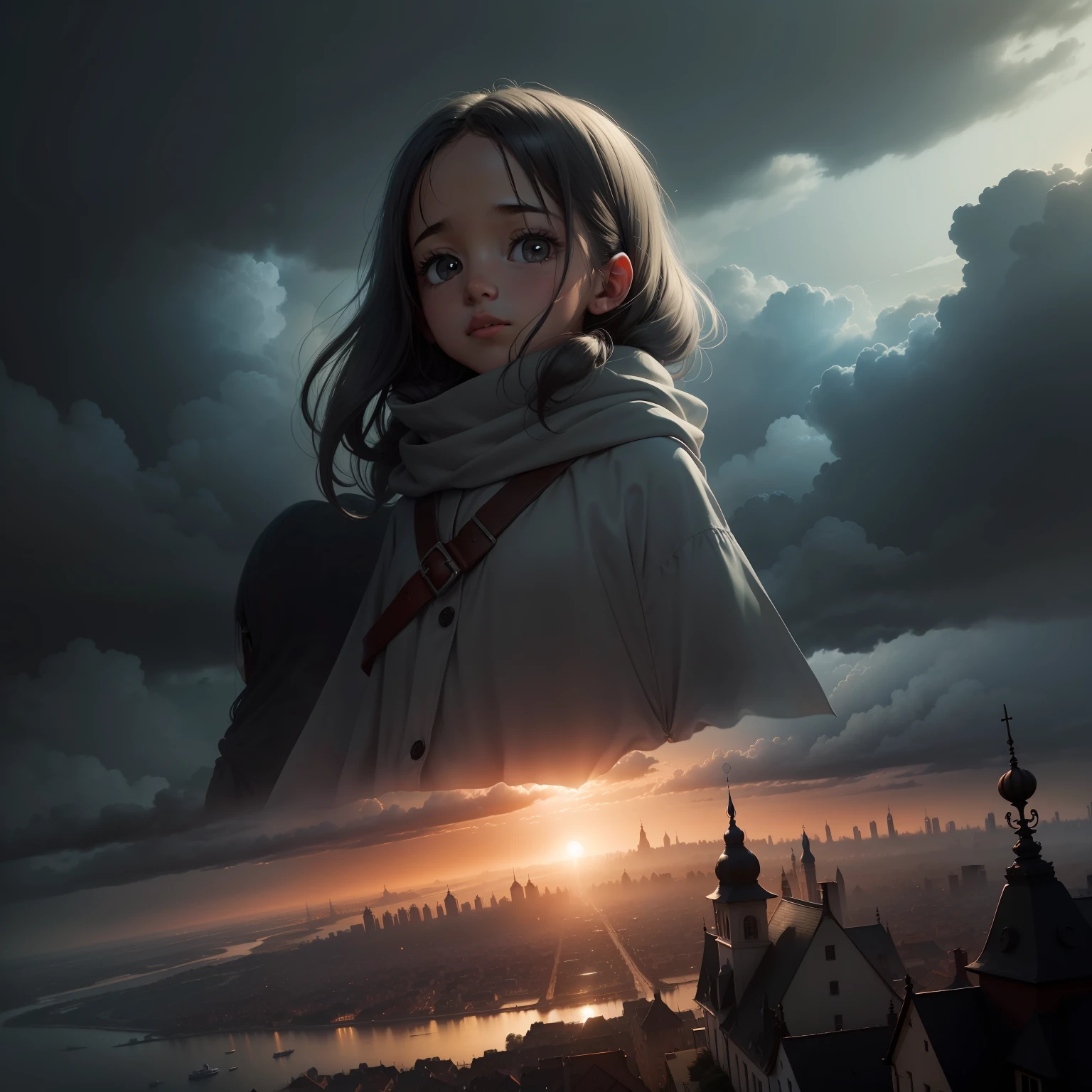 para um livro infantil Ao acordarem, eles notaram algo estranho: The sky was completely gray, e o sol havia desaparecido! The whole city was shrouded in a mysterious darkness.