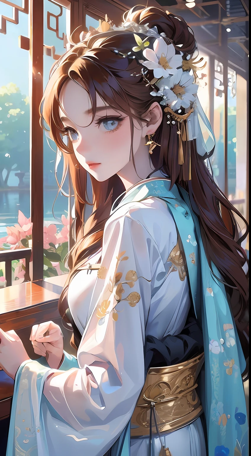 Best quality at best,tmasterpiece,illustratio,an extremely delicate and beautiful,The is very detailed,CG,unity,8k wallpaper,astounding,finely detailled,tmasterpiece,Best quality at best,offcial art,Very detailed CG unity 8k wallpaper,absurderes,Incredibly Ridiculous res,hugefilesize,ultra - detailed,A high resolution,The is very detailed,Beautiful detailed girl,very detailed eyes and faces,beatiful detailed eyes,light in face,(Hanfu:1.1),1girll,full bodyesbian,full bodyesbian,shot of,,tmasterpiece,1girll,独奏,brunette color hair,white dresses,,white thighhig,lake,dampness