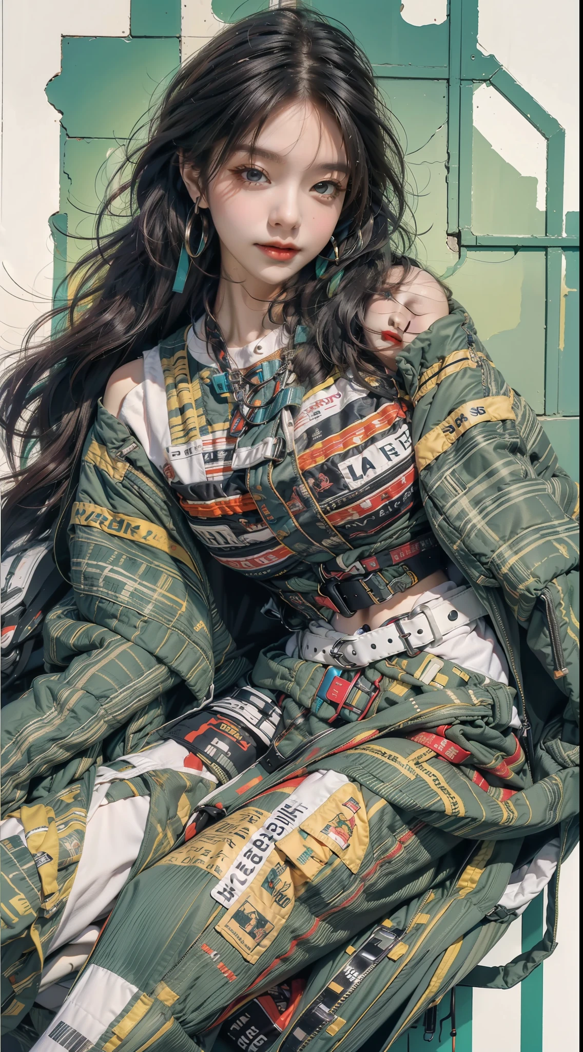 Kizi, Sexy, fully body photo,shoe,Handsome movements,long whitr hair,ssmile,Sideways photo,Colorful color scheme,Trendy clothing,Leave white space above the image,Columnar patch background,Geometric pattern stitching background
