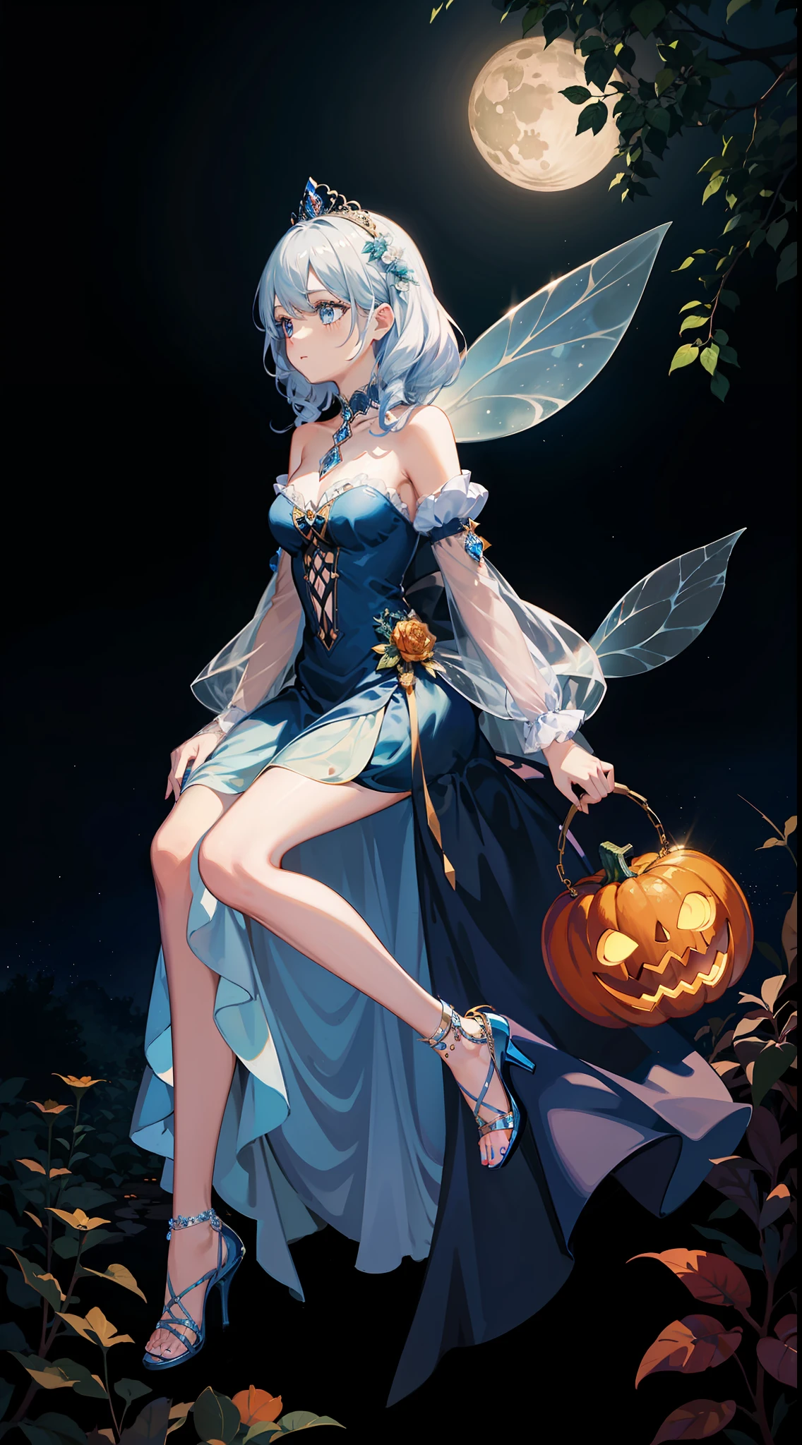 Pumpkin carriage,(Pumpkin carriage in the background),a fairy world,one-girl,Full body like,Cinderella,Long blue crystal dress,Moonlight,Long steps,Crystal shoes,long white hair