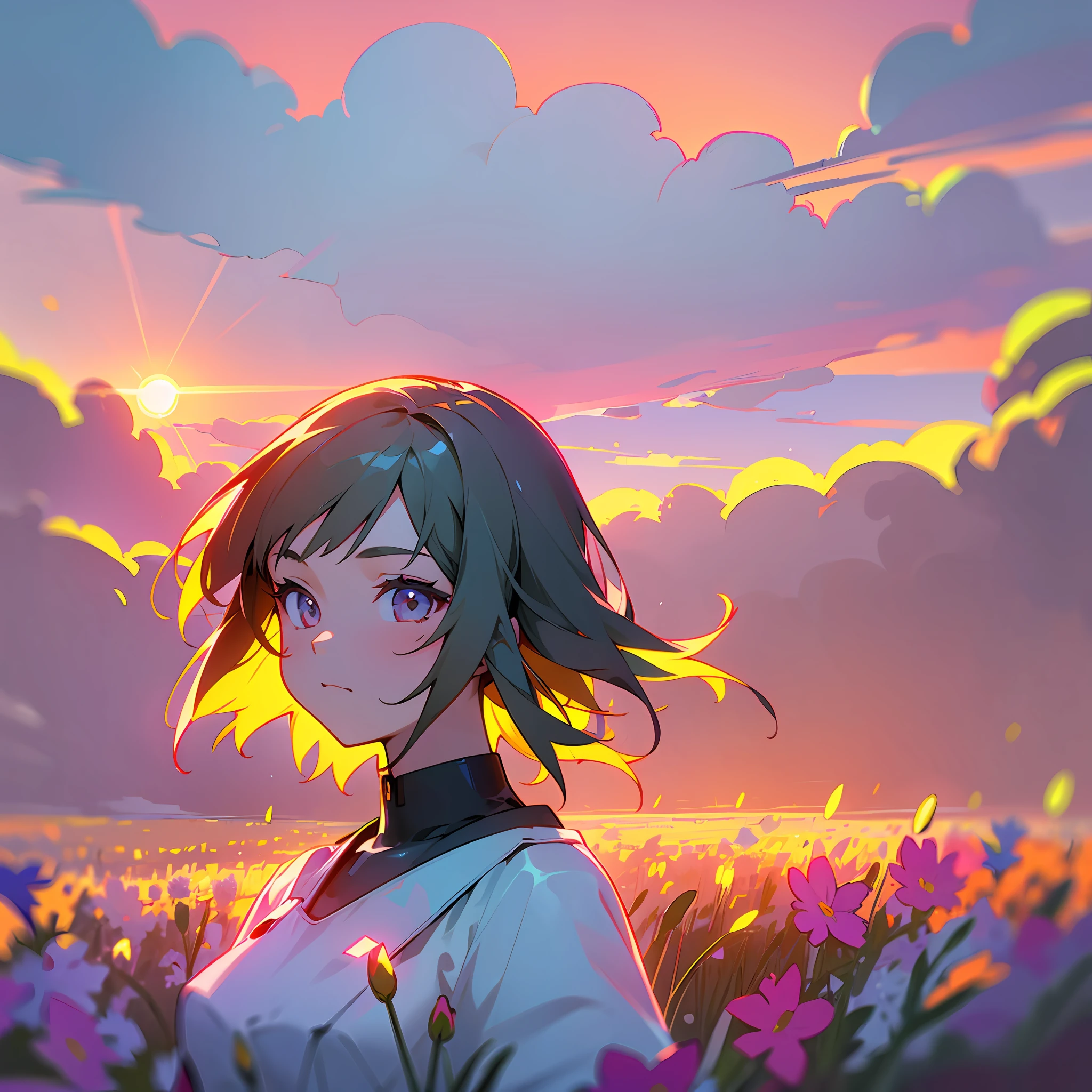 girl in field, (((field of neon flowers))), mid shot, portrait, clouds, sunrise