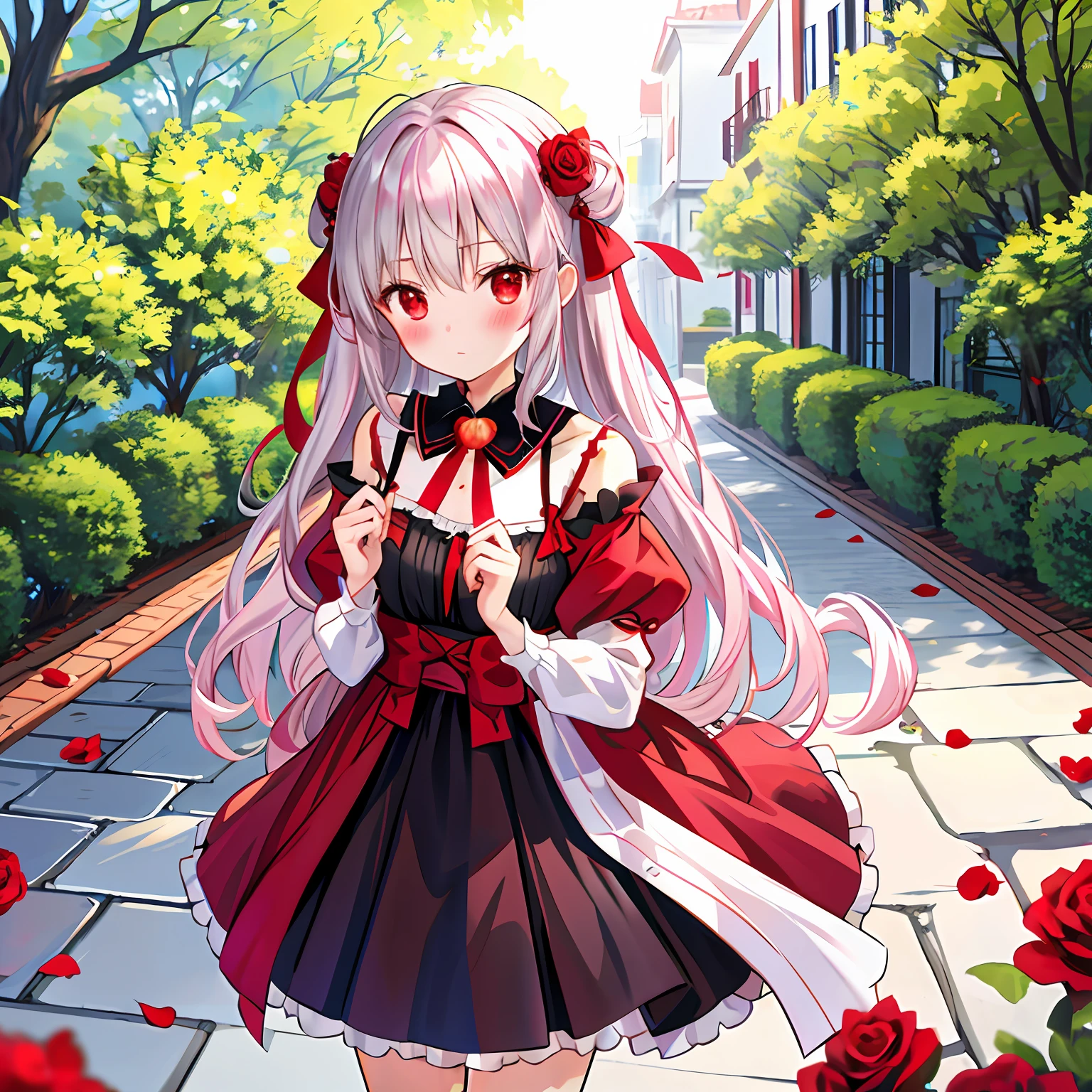 red blush、silber hair、red eyes、Beautiful girl alone、animesque、独奏、lonely、doress、rose garden