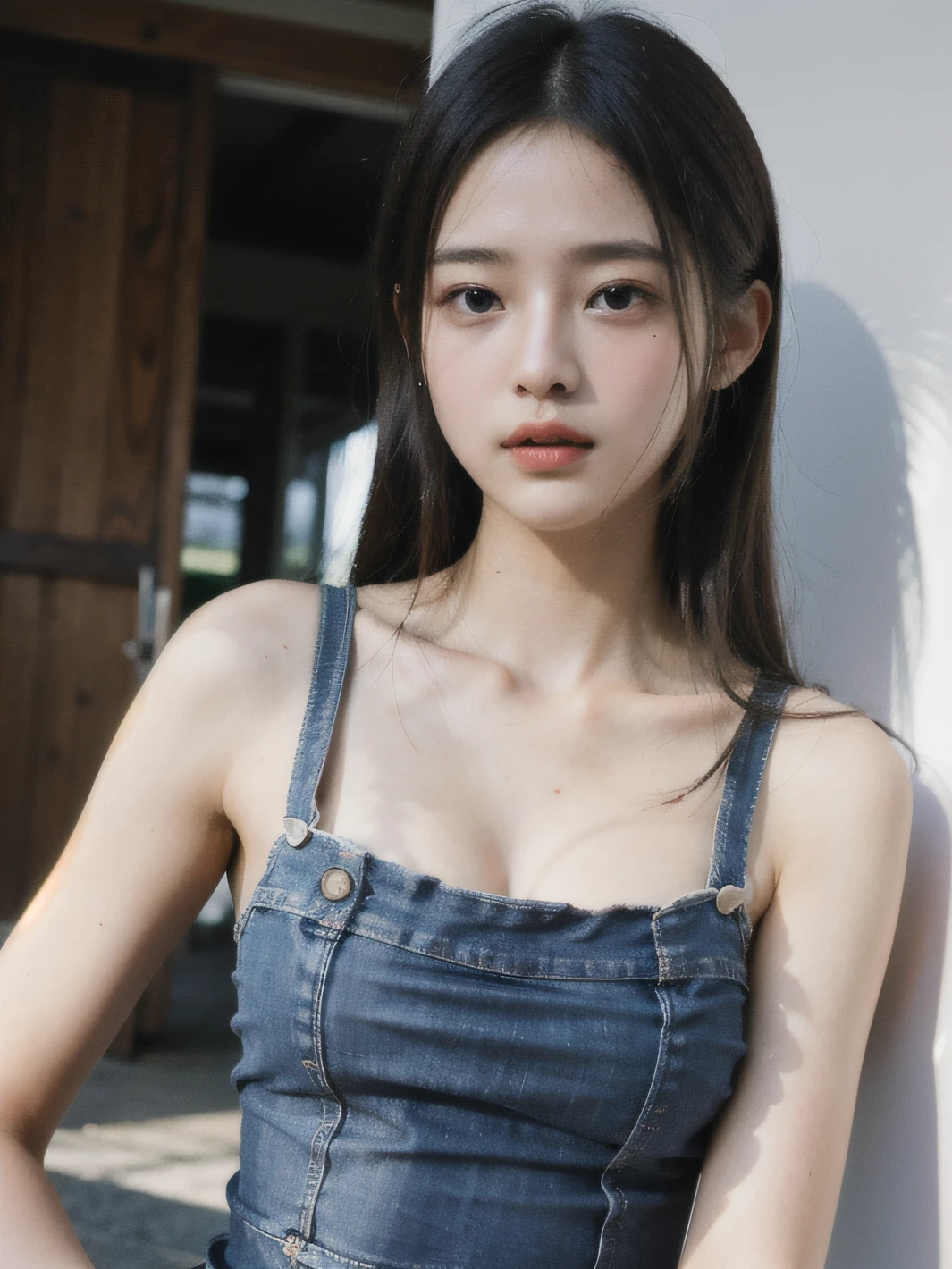 (​masterpiece, top-quality, Kawaii Girl, beauitful face, 8K, Raw photo, 85 mm, absurderes, The upper part of the body:1.4), White sleeveless、Thin and loose sleeveless、Navel Ejection、damage jeans、 Knee shot, Look at viewers, High school students, Teen, A slender, small head, middlebreasts, a park, face lights, (Dynamic lighting, Dramatic lighting and shadows, Cinematographic lighting:1.3), sunlights, Sunlight、No makeup, natural, film grains, chromatic abberation, highly contrast, real picture, depth of fields, hight resolution、ultra-detailliert、detaile、foco nítido、Detailed skin, eyes and face