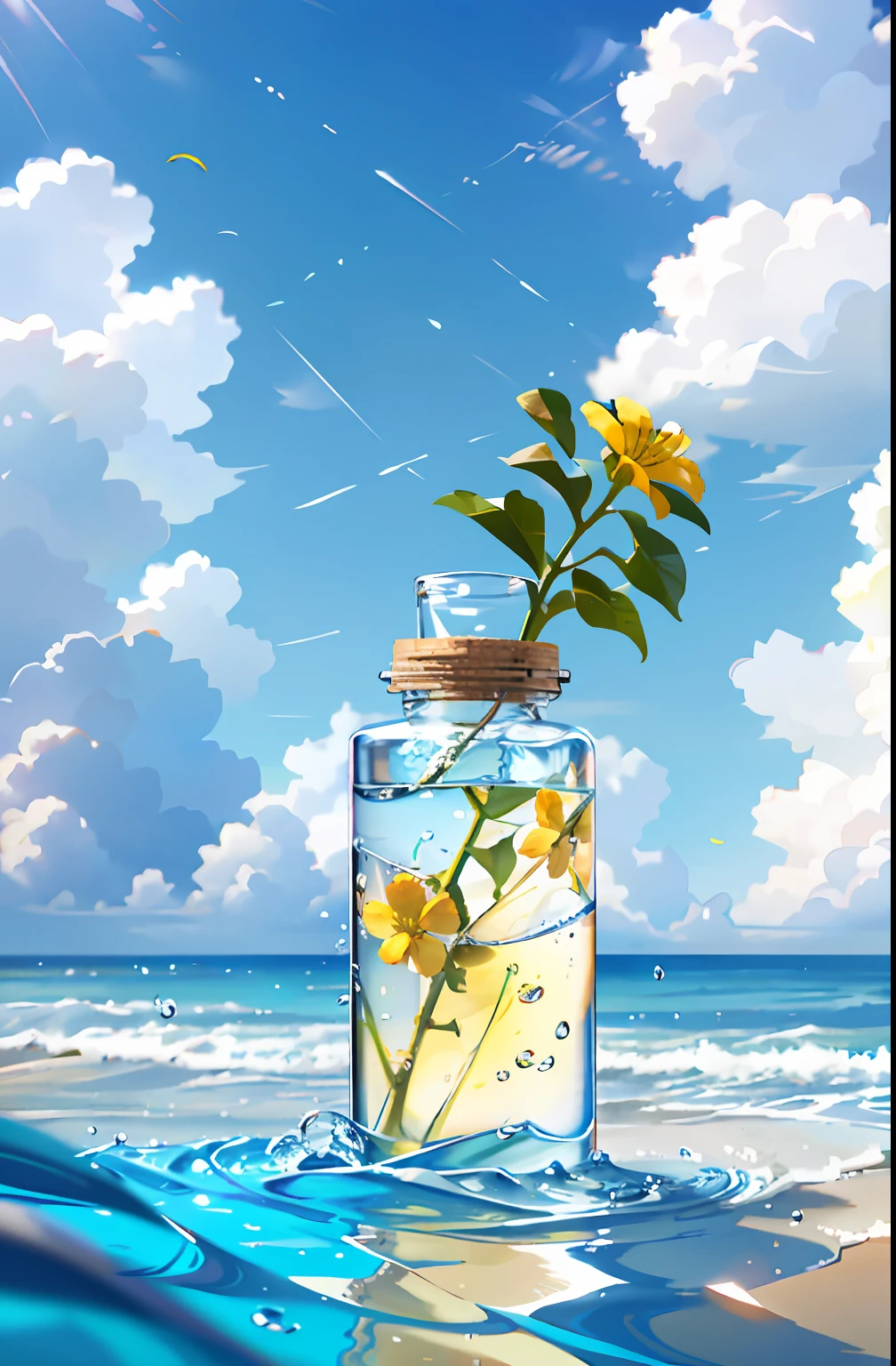 Hyper realistic scene, cosmetic bottle surrounded by yellow flowers, blue sky background, water, sunlight, low angle view, blender, product rendering, HD 8K. --v6