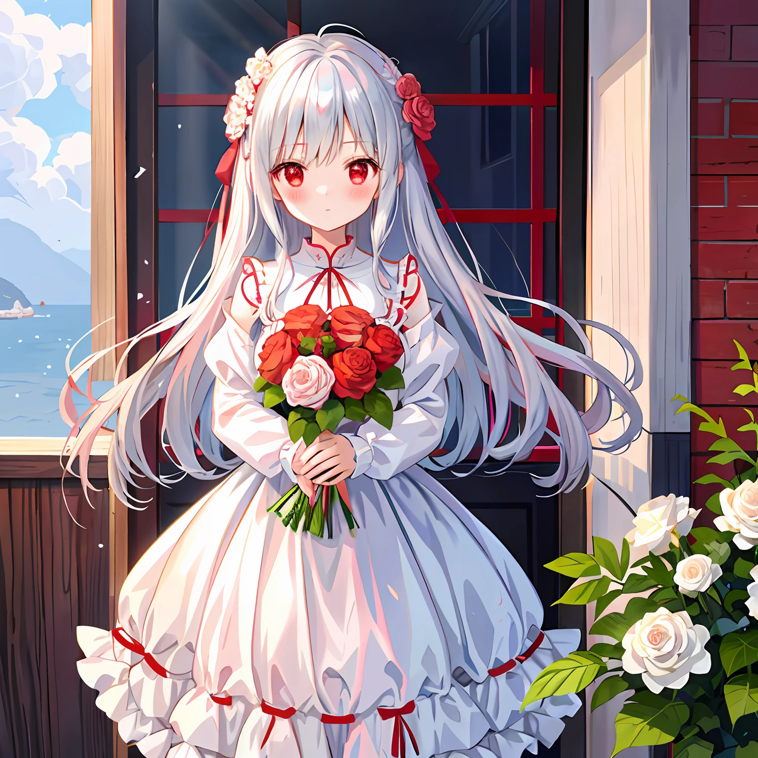 red blush、wavy silver hair、red eyes、Beautiful girl alone、animesque、独奏、lonely、Light blue dress、bouquet、White Rose Garden