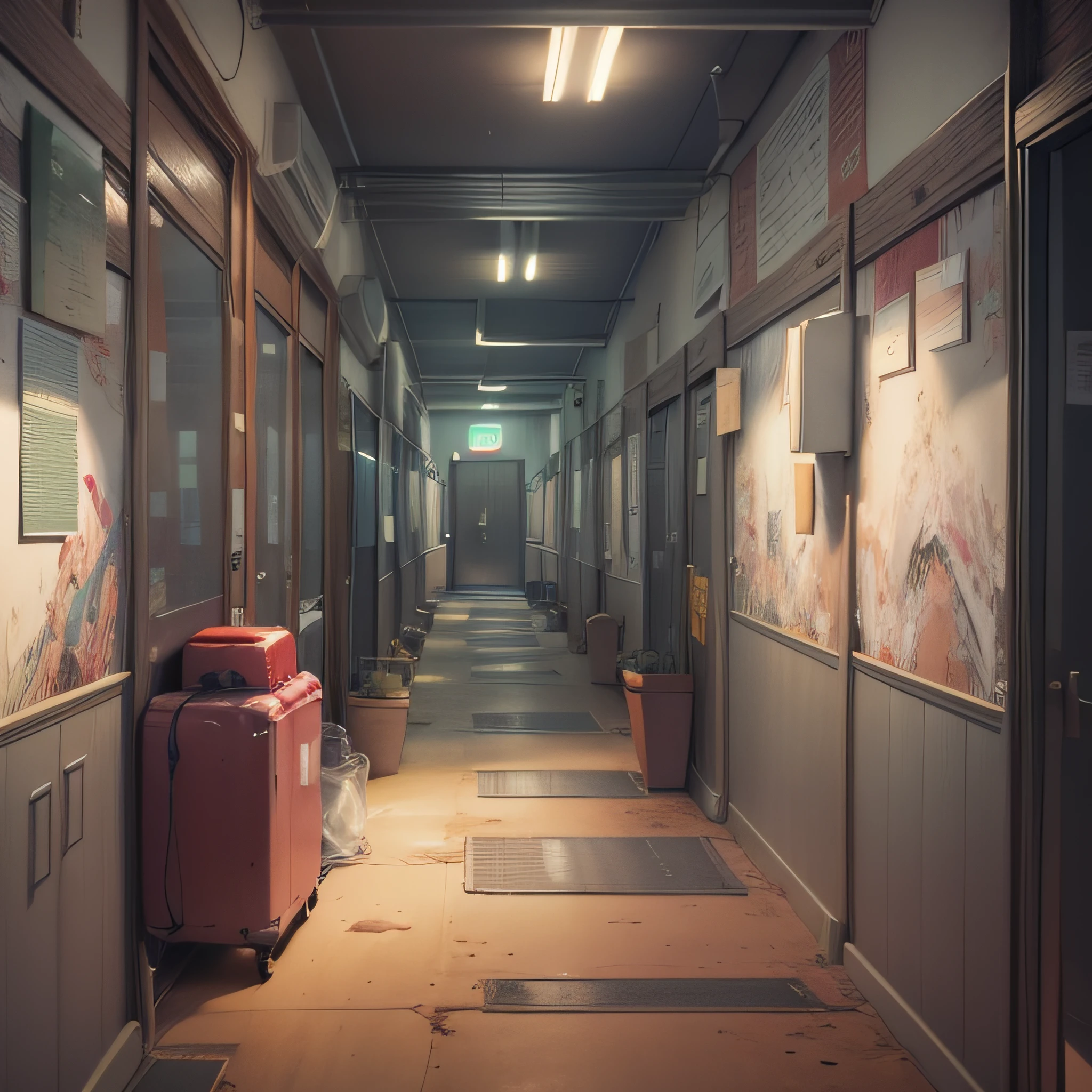 There is a hallway,The floor is broken,There is a light, concept art by senior environment artist, Pisif, conceptual art, Anime background art, interior background art, style of madhouse studio anime, va-11 hall-a, anime backgrounds, random background scene, Anime landscape concept art, long dark hallway, anime scene, typical anime classroom, arte de fundo