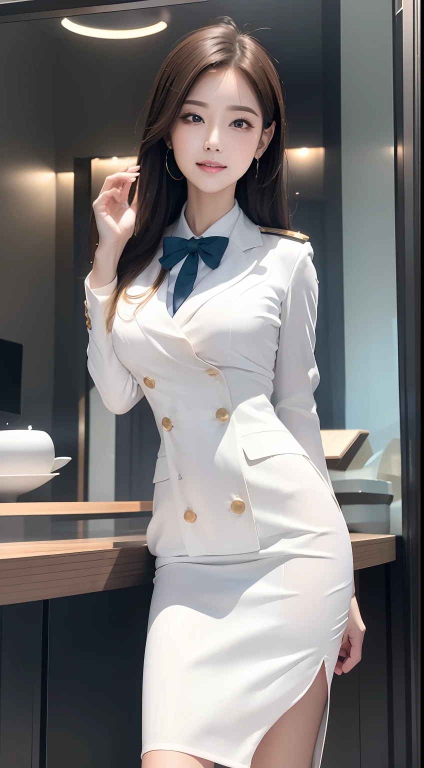 （RAW photos，HighestQuali），Full body like，The uniform of a flight attendant，（realisticlying，realisticlying：1.3），HighestQuali，tmasterpiece，Very fine and beautiful，highly  detailed，CG，unified，2k wallpaper，Wonderful，beautifuldetails，tmasterpiece，dynamicposes，HighestQuali，Extremely detailed Cg Unity 8K wallpaper，，