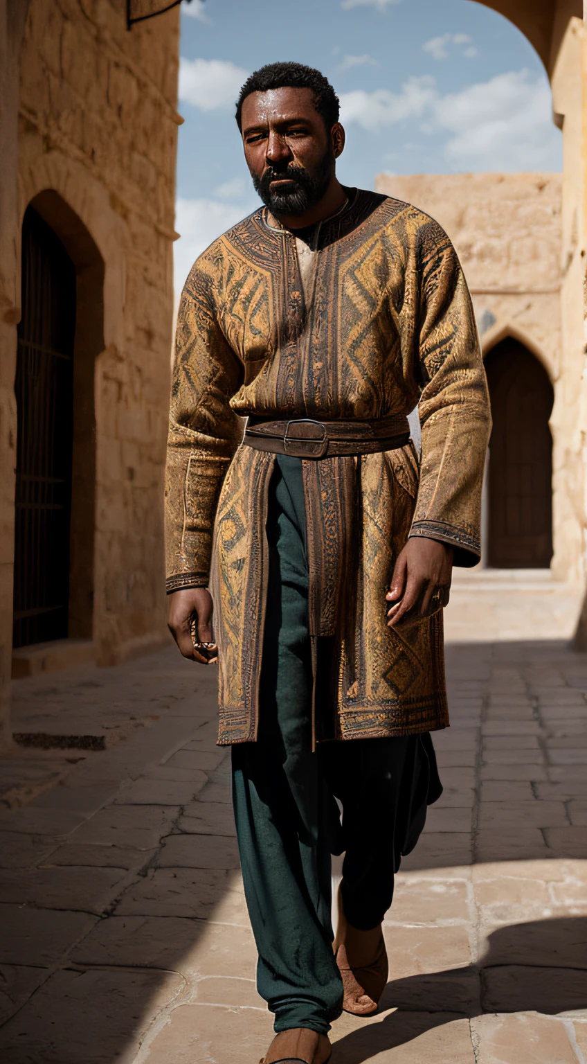 full body portrait of a blasian dark-skinned medieval fantasy 30 year-old man, almond-shaped eyes, hazel-colored eyes, short hair, traditional fantasy north african nice commoner's clothes, exotic, elaborate, colorful, in a medieval fantasy north african traditional town, (backlighting), realistic, masterpiece, highest quality, lens flare, shade, bloom, [[chromatic aberration]], by Jeremy Lipking, by Antonio J. Manzanedo, digital painting