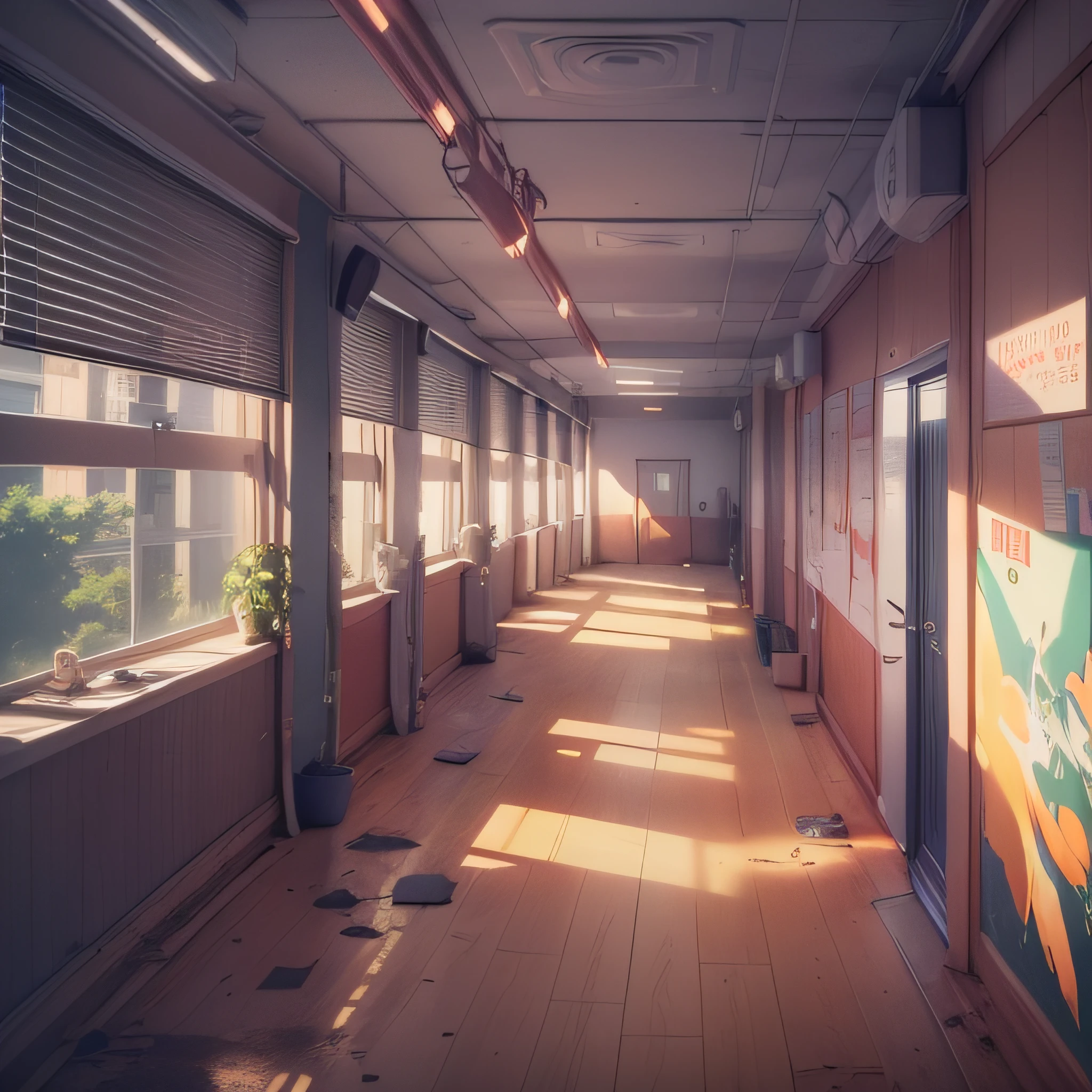 There is a hallway，The floor is broken，There is a light, concept art by senior environment artist, Pisif, conceptual art, Anime background art, interior background art, style of madhouse studio anime, va-11 hall-a, anime backgrounds, random background scene, Anime landscape concept art, long dark hallway, anime scene, typical anime classroom, arte de fundo