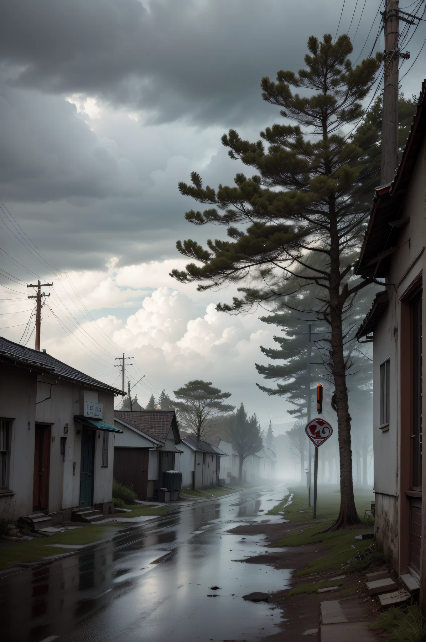Gloomy sky, bleak wind, dreary atmosphere, misty scene, silent country roads, faded buildings, thin sunlight, boundless loneliness, tired trees, heavy heart
