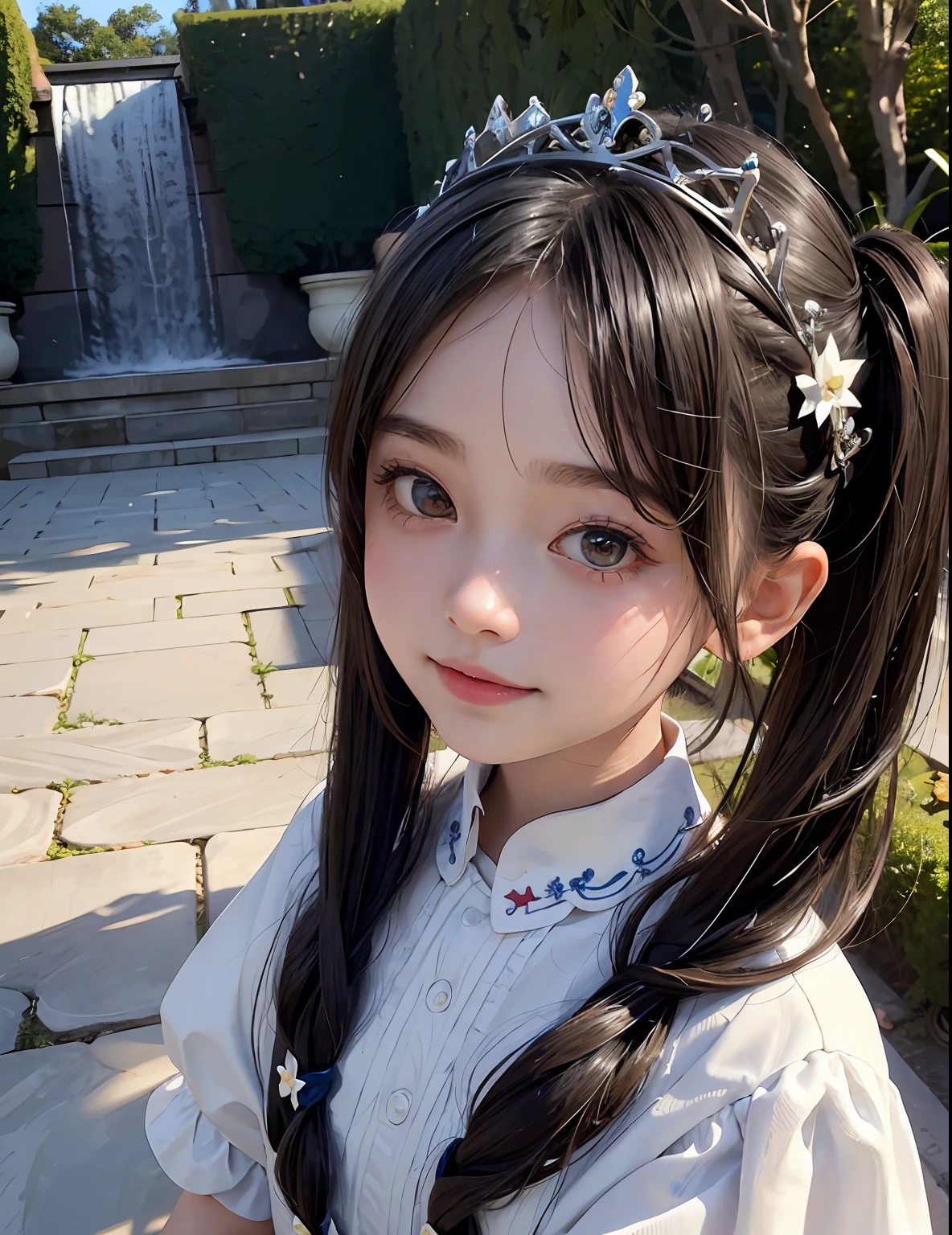 Marble garden,1little girl,lily,twintails,brunette color hair,By bangs,Long white embroidered dress,Blue bow,9-year-old female model,Princess,crown,Smile,