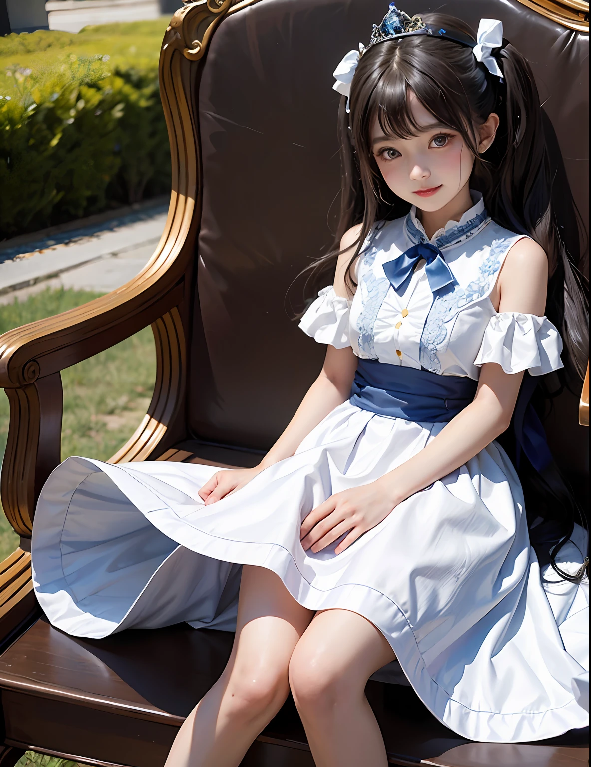 Marble garden,1little girl,lily,twintails,brunette color hair,By bangs,Long white embroidered dress,Blue bow,9-year-old female model,Princess,crown,Smile,