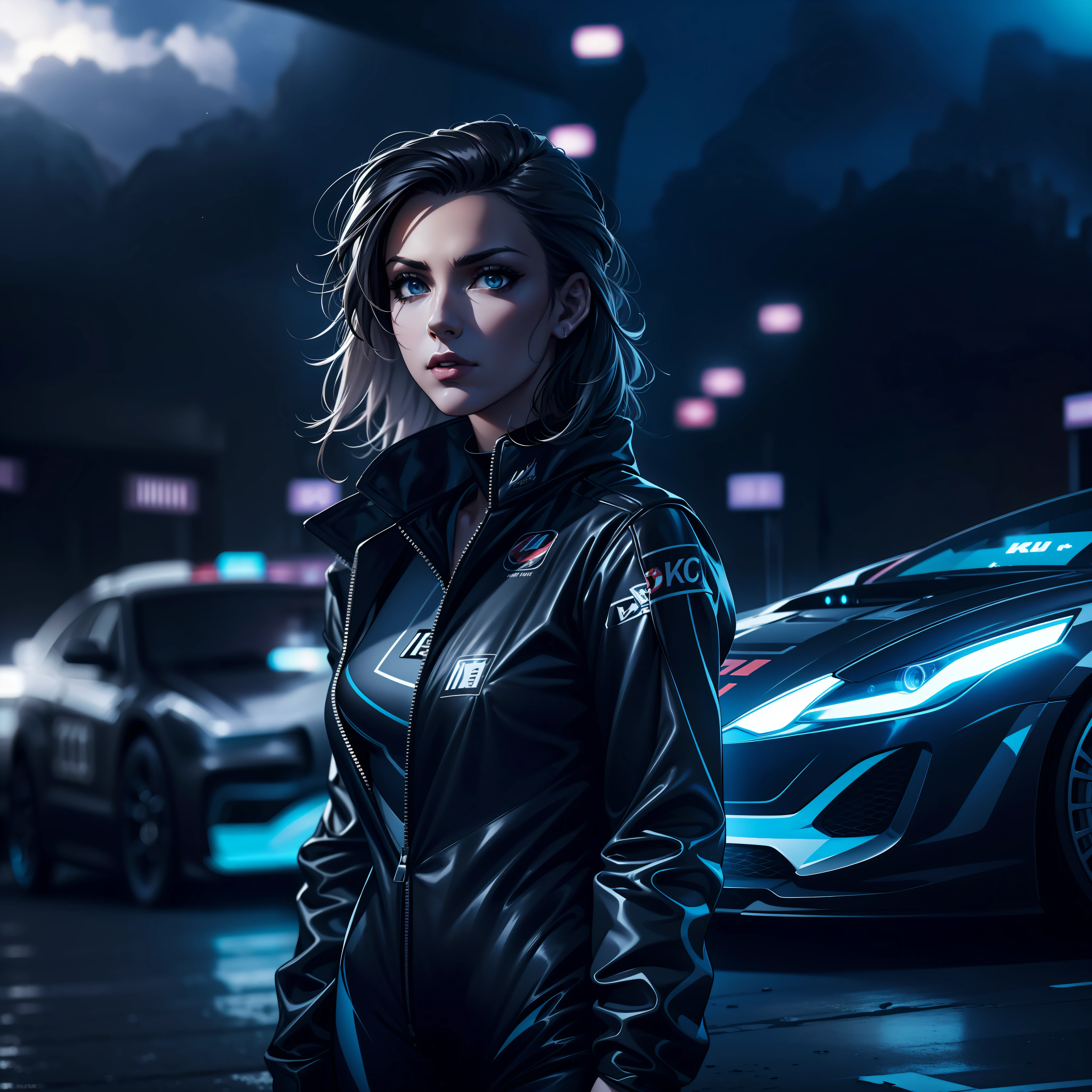 beautiful girl in racing outfits, futuristic black car in the background, black and blue, darktones, front view, lightening, stormy sky, epic composition, cinematic, studio lighting, volumetric lighting, instagram model, epic composition, appeal, masterpiece, posing for a photo, movie poster, comic style