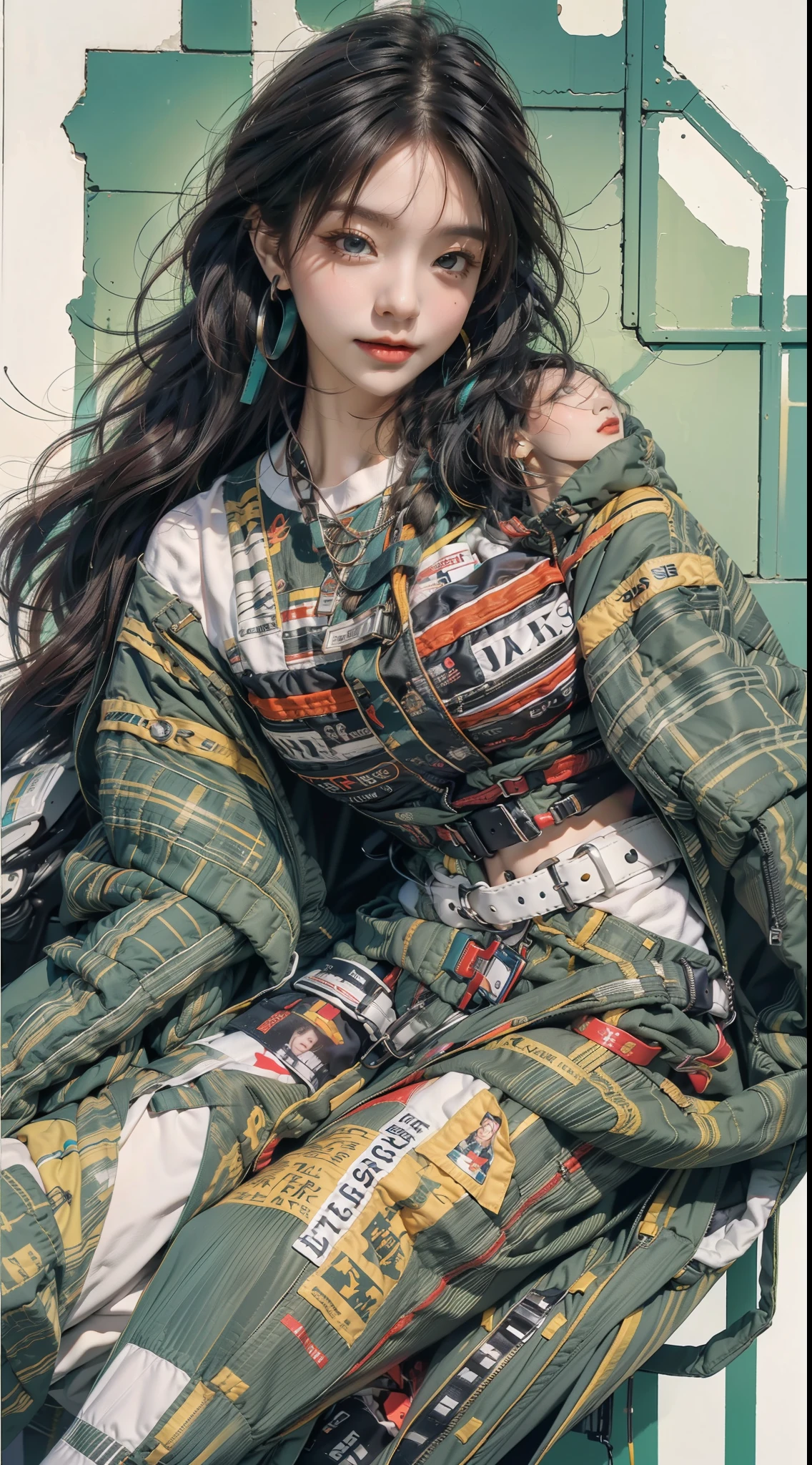 Kizi, Sexy, fully body photo,shoe,Handsome movements,long whitr hair,ssmile,Sideways photo,Colorful color scheme,Trendy clothing,Leave white space above the image,Columnar patch background,Geometric pattern stitching background