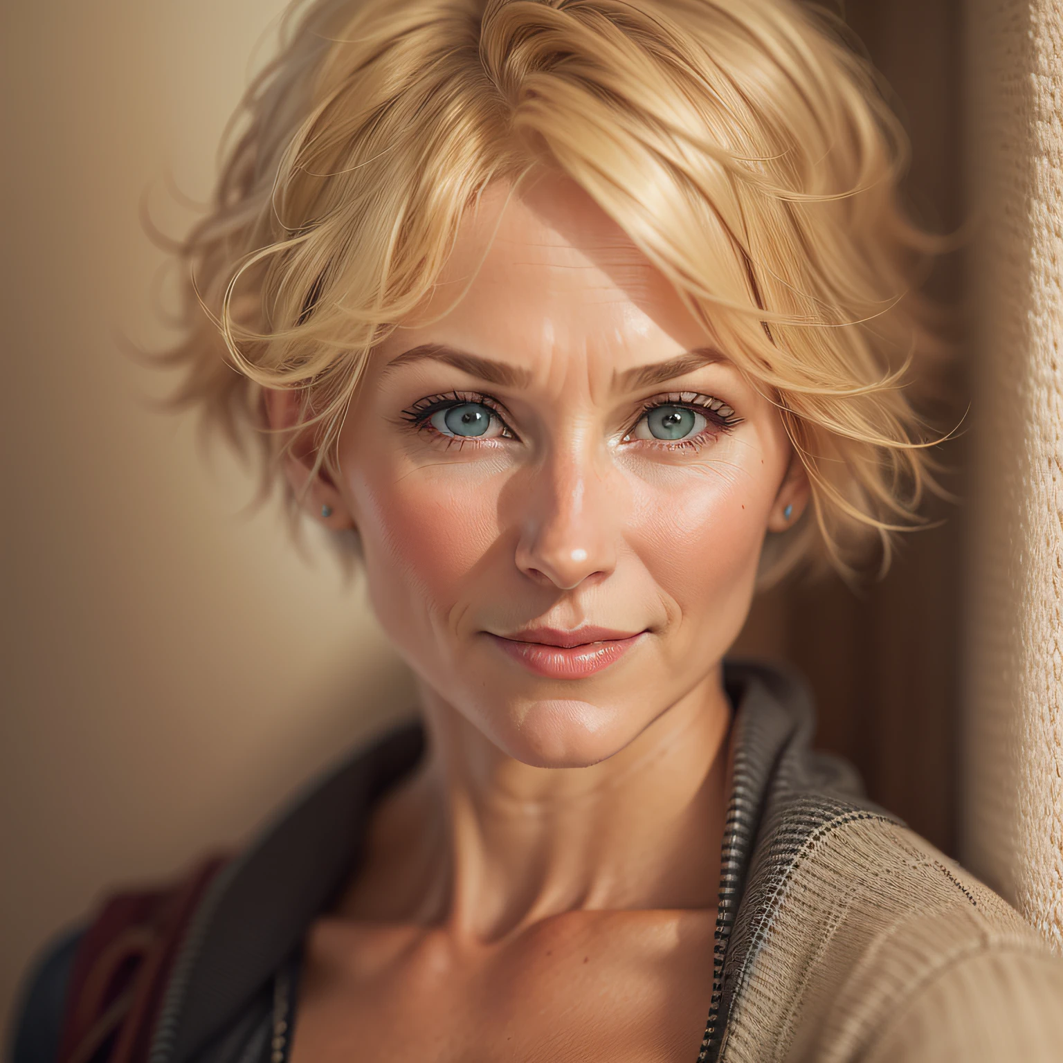 A beautiful 40 year old American woman with short blonde hair. She is 50 feet tall.
