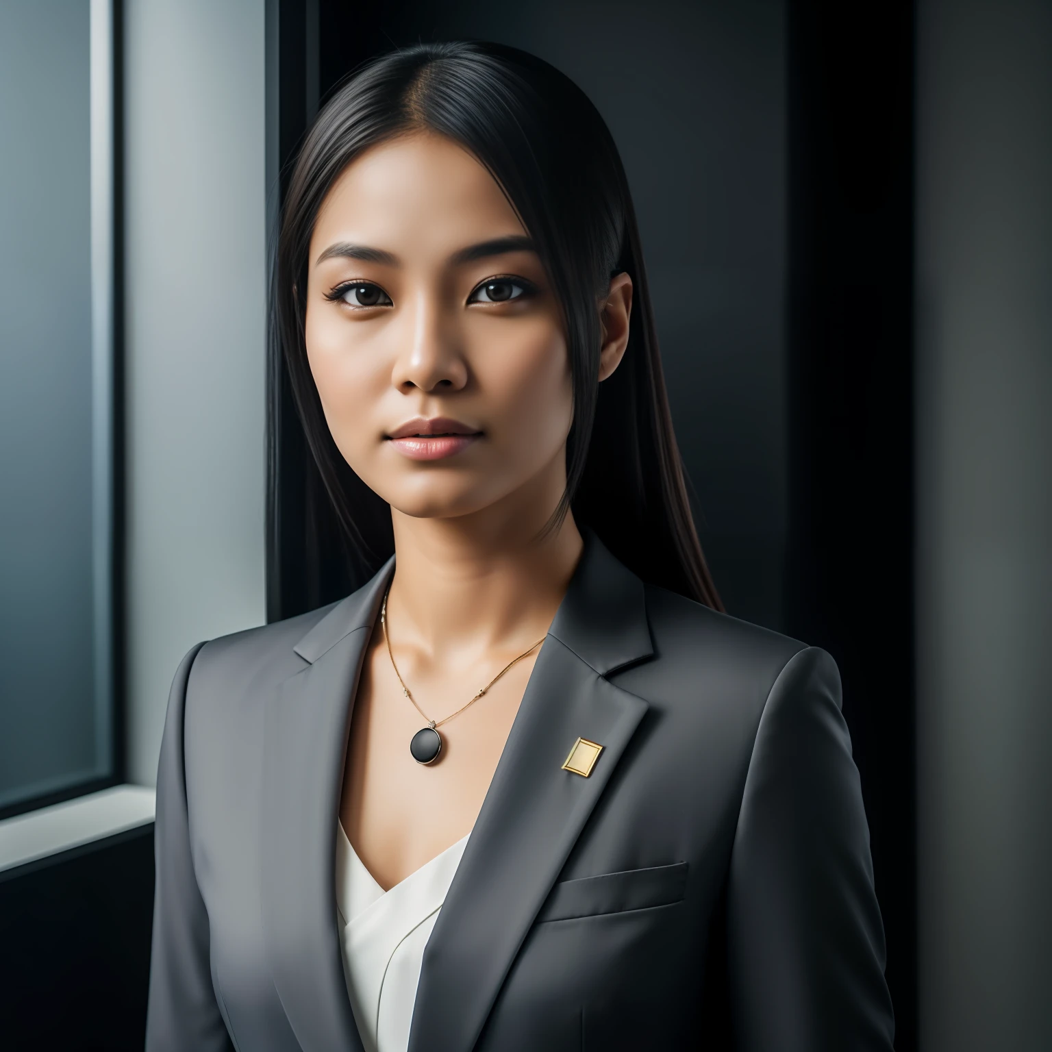 arafed moslem indonesian woman in a gray suit posing for a picture, wearing moslem business suit, moslem woman in business suit, wearing a moslem business suit, girl in suit, well lit professional photo, professional closeup photo, wearing black business suit, female in office dress, girl in a suit, close-up professional portrait, indonesian woman, an asian woman, wearing a strict business suit. (makeup:0.3), full body shot:1.3,bokeh:1.2, indoors, smooth skin, necklace, black_hair, realistic_detailed_skin_texture, good hands, good feet, (8k, RAW photo, best quality, masterpiece:1.2), (realistic, photo-realistic:1.37), ultra high res, photon mapping, radiosity, ((Hasselblad photography)),physically-based rendering, professional soft lighting, light on face