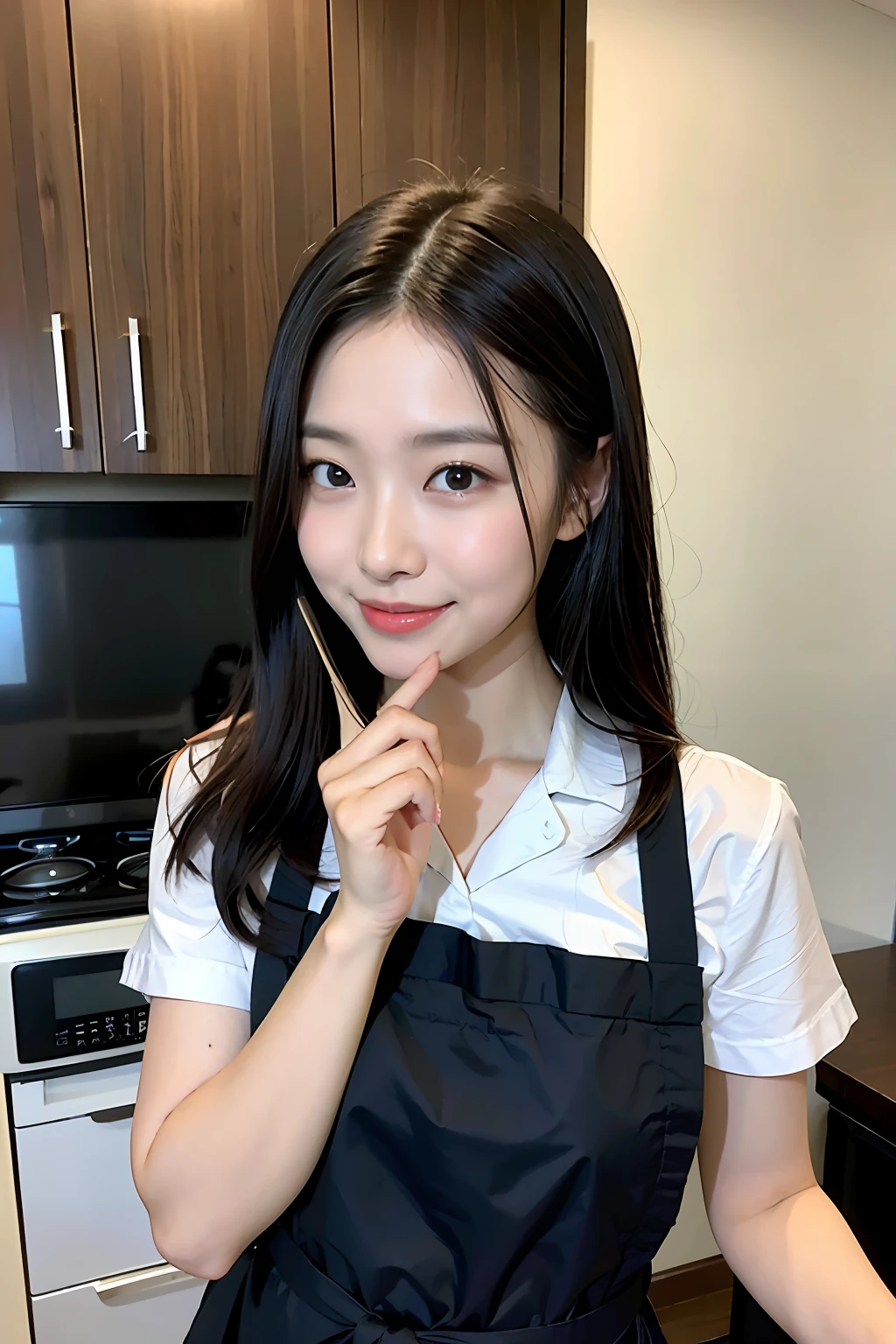 (masuter piece:1.3)、(8k、Photorealsitic、RAW Photography、top-quality: 1.4)、ighly detailed、tre anatomically correct、Textured skin、(1girl)、（Shooting for one person only）、beautiful countenance、（lifelike face）、Korean model(A dark-haired、Center division、Long:1.3）、Chinese models(A dark-haired、Long:1.3)、More Korean than Chinese、realisticeyes、real looking skin、Beautiful details、Beautiful skins、A charming smile、Smiling smile、超A high resolution、（A hyper-realistic）、tre anatomically correct、Textured skin、Sharp jawline、morning、Kitchen background、lunch box、cooking、apron、Hair should be tied together at the back、Hold the finished lunch box with both hands、Facing the front