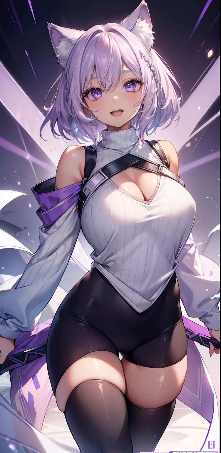 ((masterpiece)), ((best quality)), ((HD 4k)), ((brown skin)), ((perfect anatomy)), ((older woman)), woman, ((female face) ), Happy, ((smiling, open mouth)), ((light lilac eyes)), Eyelid, Sclera, Iris, eyebrow, eyelashes, fox ear, nose, ((giant lilac hair)), ((fringe)) , ((hair details)), ((light effects on hair)), ((sweatshirt)), ((tights)), ((lights effect on clothes)), ((body lights effect)) , neck, shoulders, ((big chest)), arms, ((thick legs)), ((big thigh))