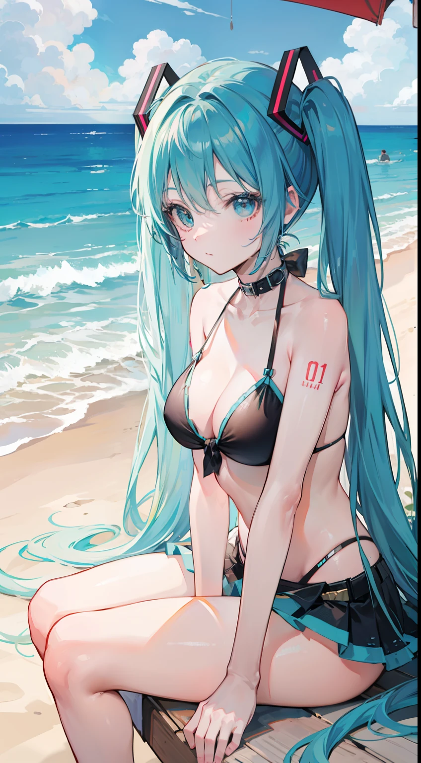 Hatsune Miku,bikini,beach,Sitting posture