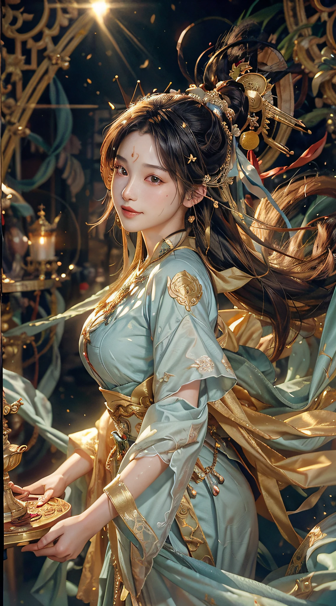 (RAW Photo, Best Quality), (Realistic, Photo Realistic: 1.3), Best Quality, Highly Detailed, Masterpiece, Ultra Detailed, Illustration, 1 Girl, upper_body, Dynamic Angle, World Mastery Theater, messy_long_hair, Best Quality, Extremely Detailed CG Unified 8k Wallpaper, Ink, Amazing, Cinematic Lighting, lens_flare, dunhuang_style, Beautiful Rendering of the Tang Dynasty, (Smile: 1.5), (Holy Light), In the Grotto, Floating, Sony Master Shot, Bustling, Gold Leaf, Flower, Light Blue Clothes, Looking at the Audience