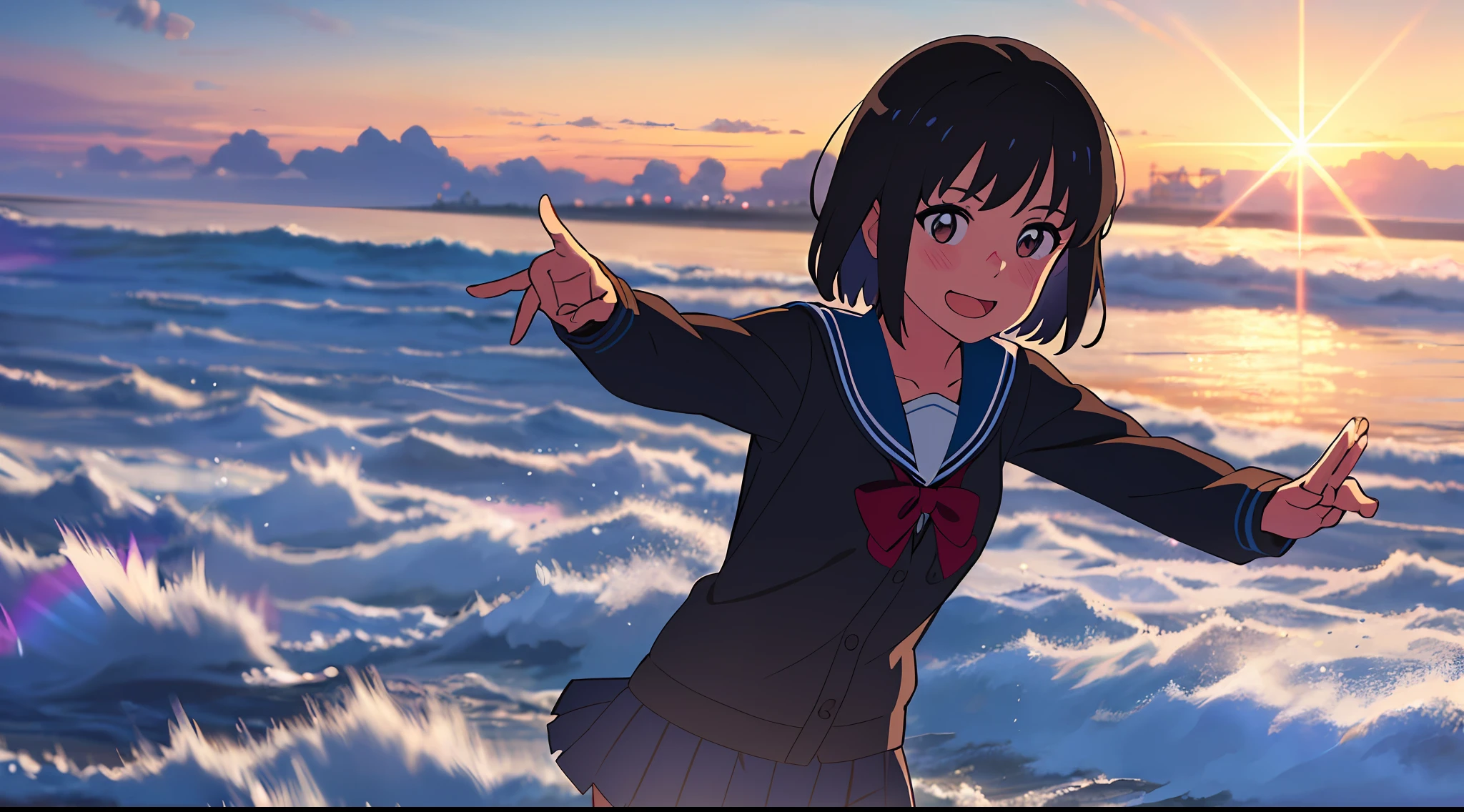 (masterpiece), (best quality), (intricate_details:1.2), (finely detailed:1.2), (distinct_image:1.2), (super detail:1.2), colorful, beautiful, shinkai makoto, kimi no na wa., 1girl, bangs, black hair, blush, brown eyes, sky, cloudy_sky, sailor collar, blue sailor collar, sailor color, white sailor color, serafuku, looking at the viewer, cowboy shot, red bow, red headband, red ribbon, school uniform, cardigans, pink cardigan, short hair, upper body, smile, cute, solo, shirt, blue skirt, Pleated Skirt, long sleeves, smile, happy, open mouth, lens_flare, sunset, transformation pose, raise both arms, clench fists
